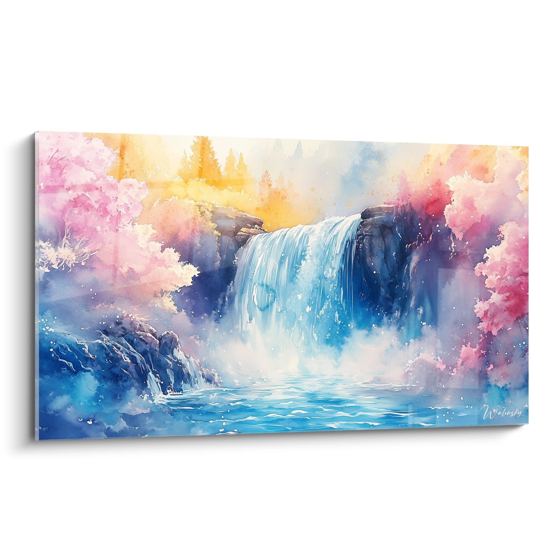 Un tableau cascade représentant une chute d'eau cristalline au centre, entourée d'une végétation aux tons rose et jaune vaporeux. Les textures aquarelles créent un effet éthéré avec des éclaboussures blanches et des transitions douces entre les couleurs bleu, rose et jaune.
