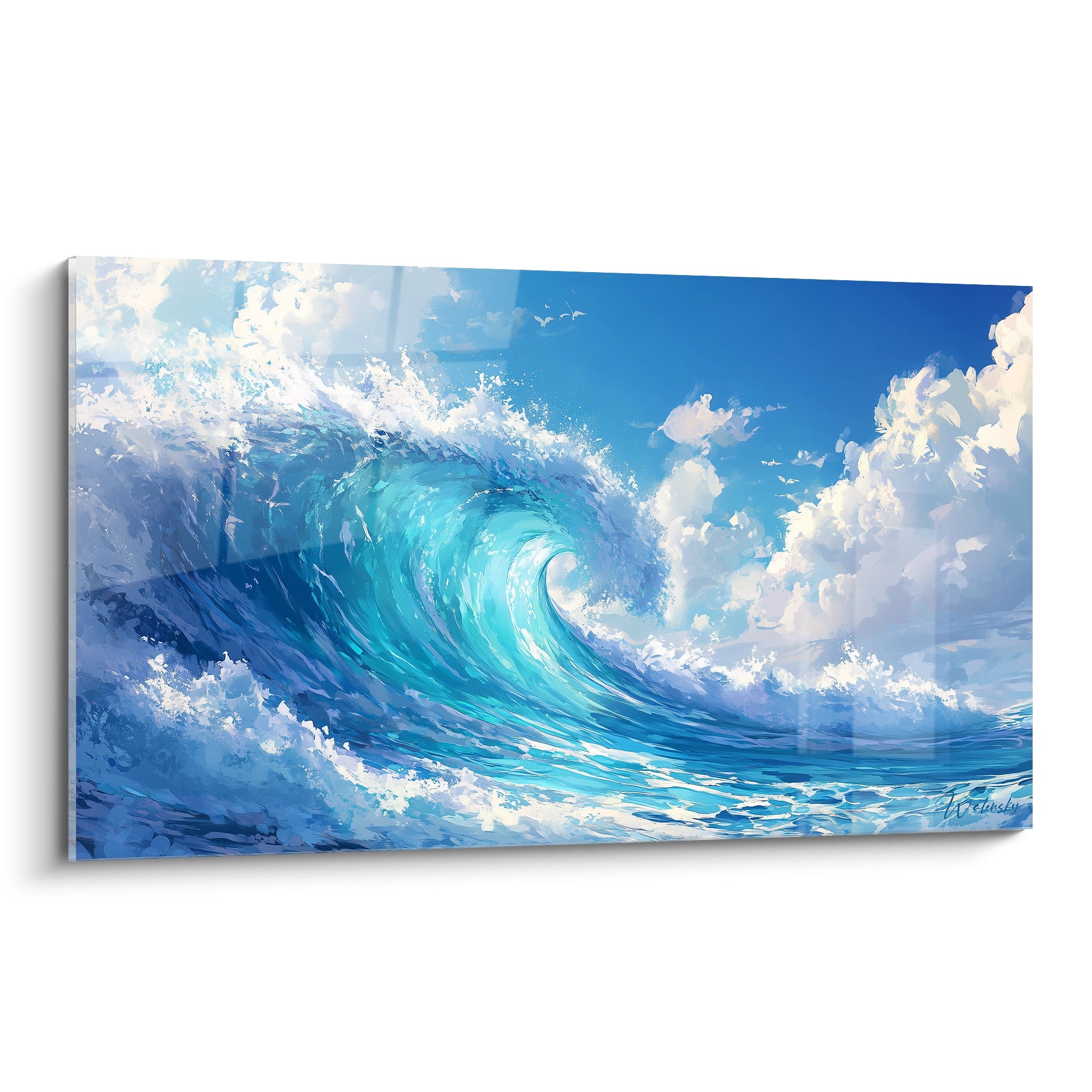 Un tableau artistique représentant une vague déferlante turquoise sur fond de ciel bleu, avec des éclaboussures d'écume blanche sur la crête et des reflets lumineux traversant la masse d'eau translucide.

