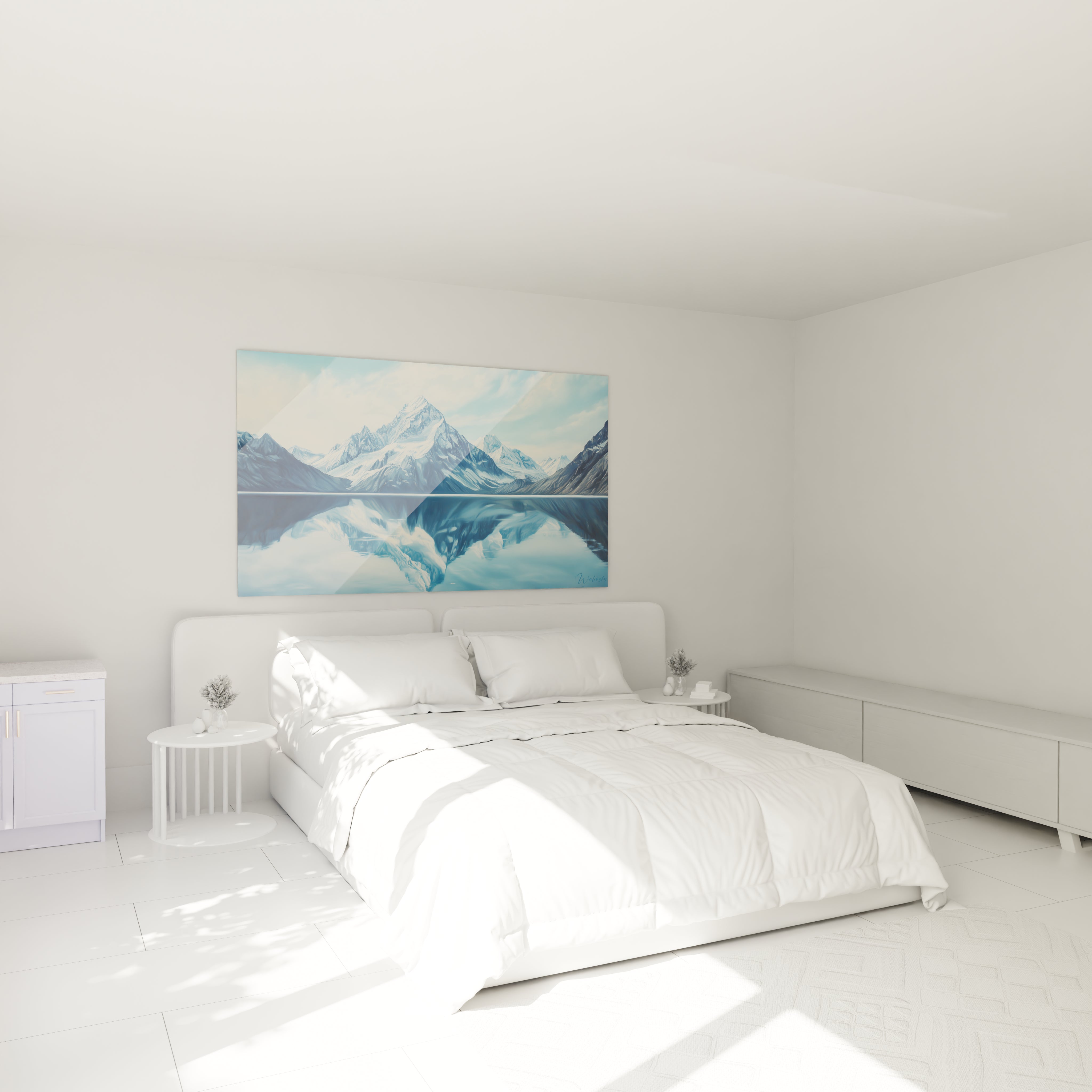 Un tableau artistique montrant une chaîne de montagnes alpine avec un pic central dominant, reflet parfait dans l'eau, palette de bleus glacés et blancs neigeux
