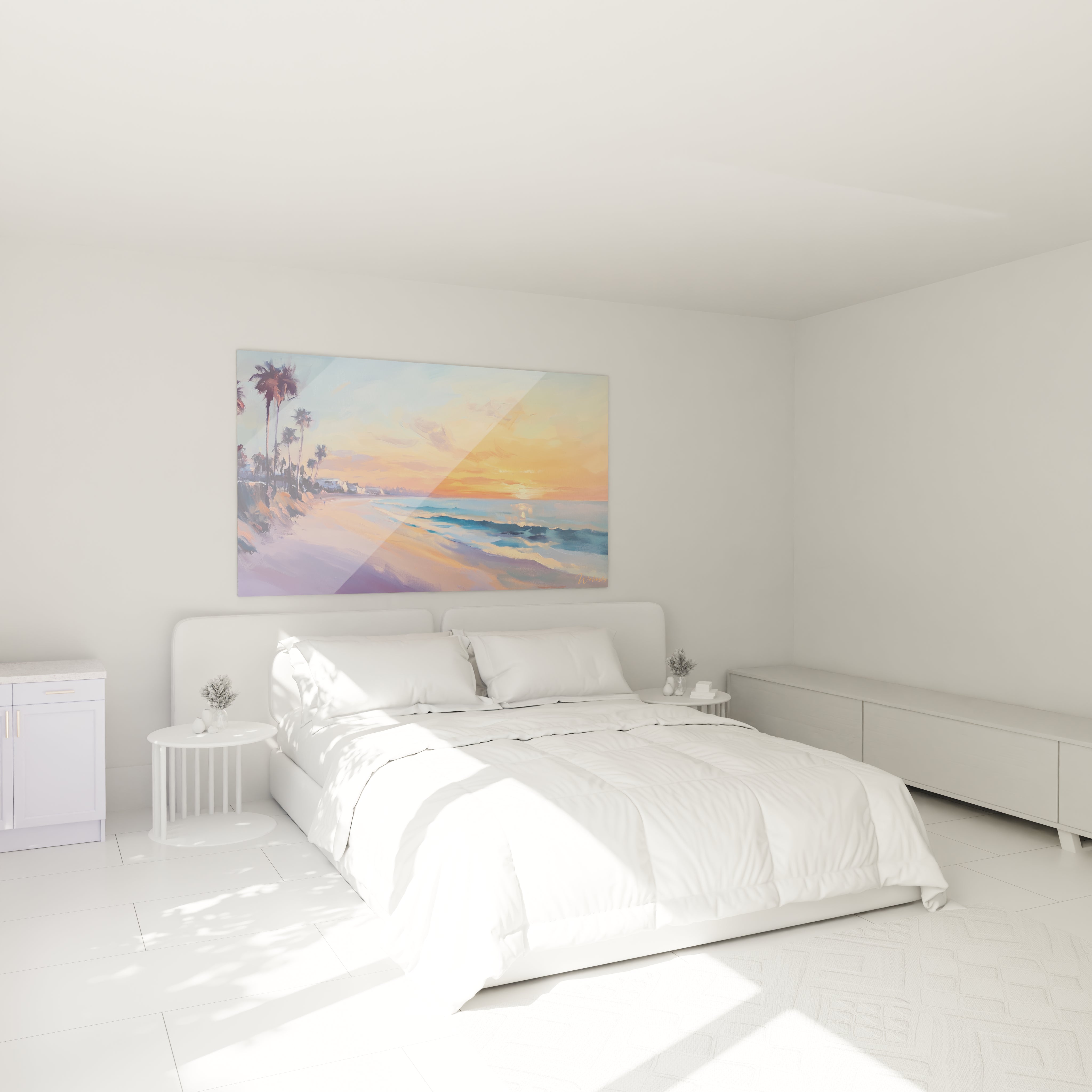 Ce tableau plage tropical capture une scène côtière au crépuscule, mettant en vedette des palmiers sombres contre un ciel flamboyant aux nuances d'orange vif, de bleu profond et de violet pastel.
