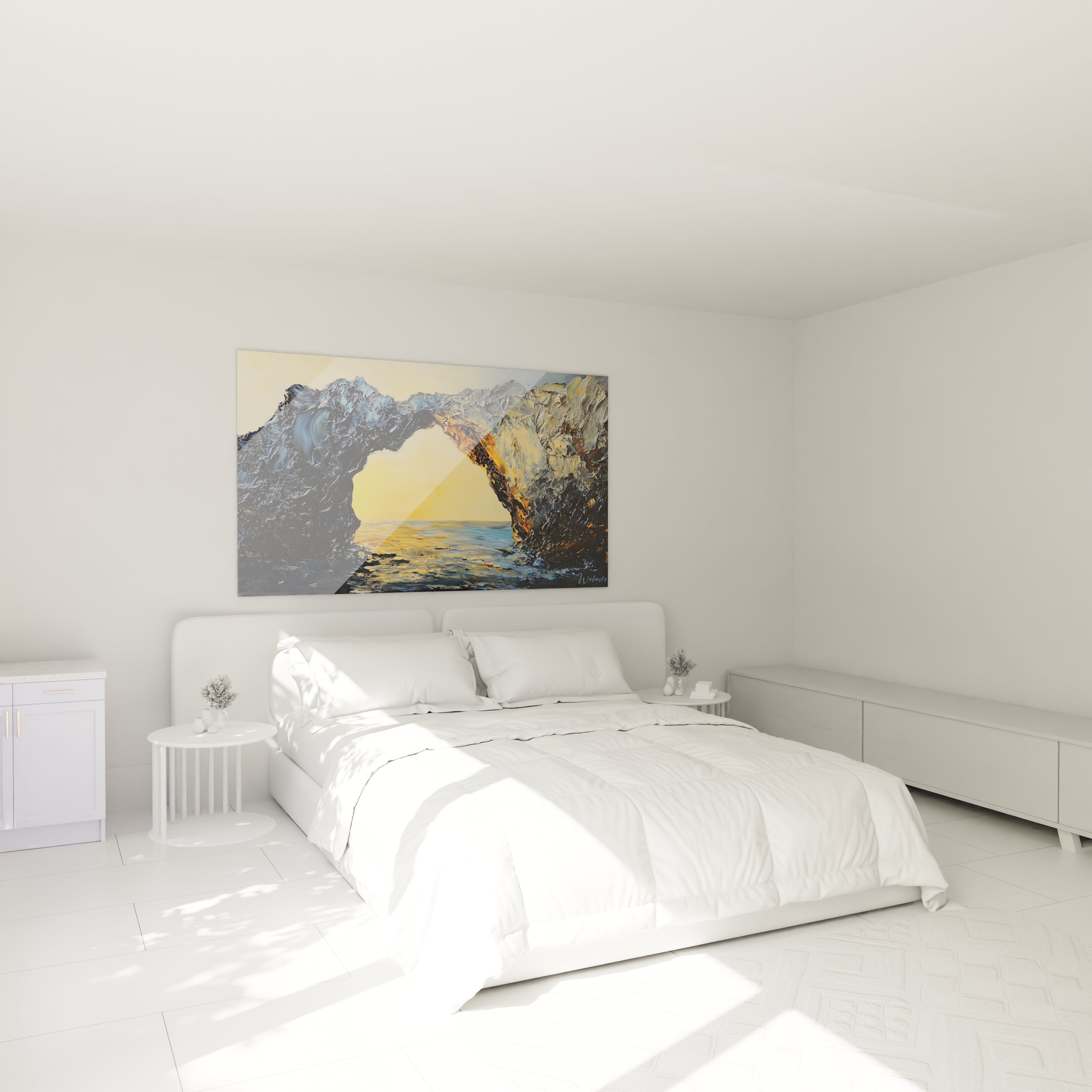 Un tableau mer montrant un portail naturel formé par des rochers texturés aux teintes bleu-noir, encadrant un horizon doré et un océan scintillant, réalisé avec d'épais empâtements créant une sensation tridimensionnelle et un contraste saisissant entre ombre et lumière.
