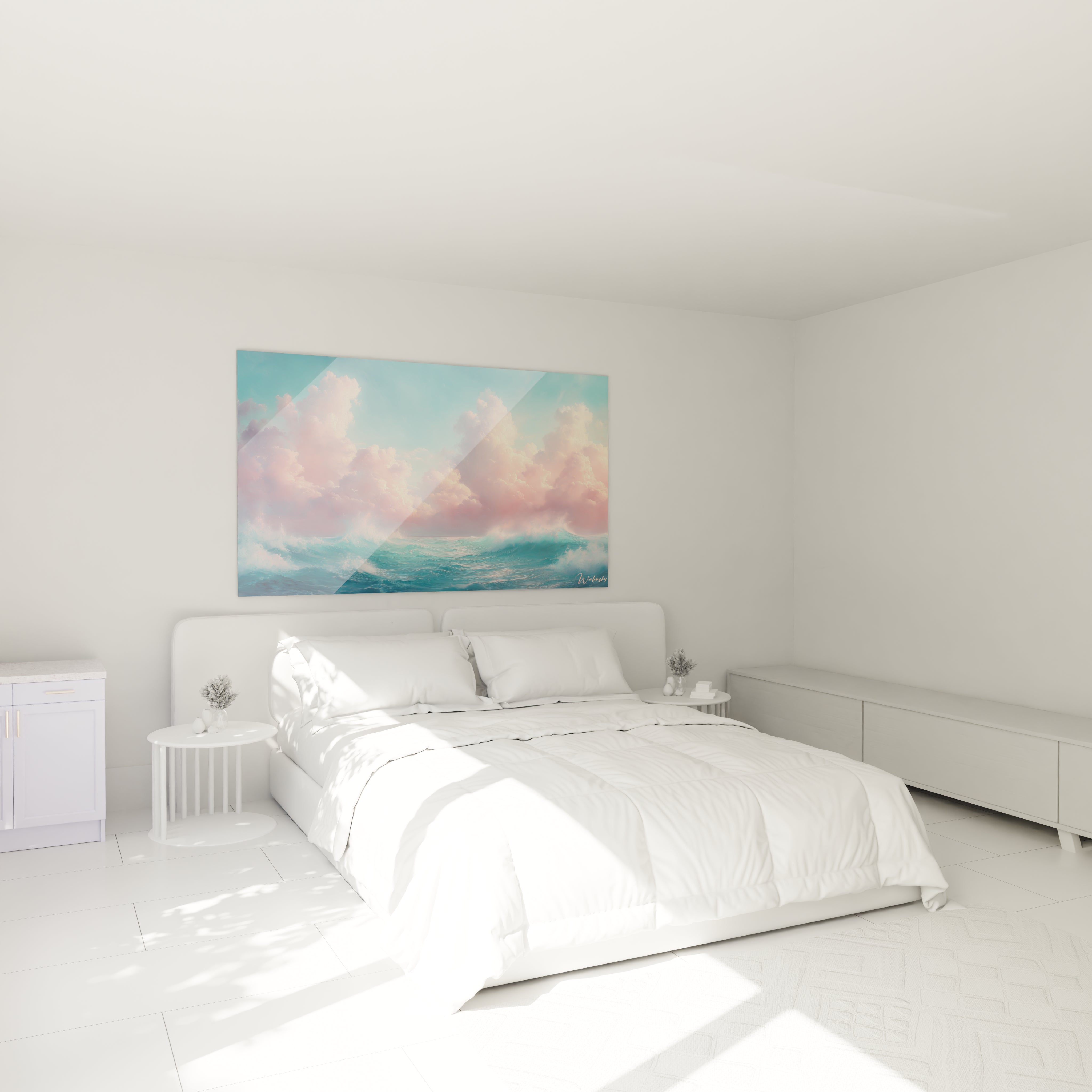 Un tableau mer capturant l'instant où des vagues dynamiques turquoise rencontrent un horizon de nuages roses et blancs, présentant des textures épaisses pour l'eau et des transitions vaporeuses pour le ciel, offrant une perspective horizontale infinie.

