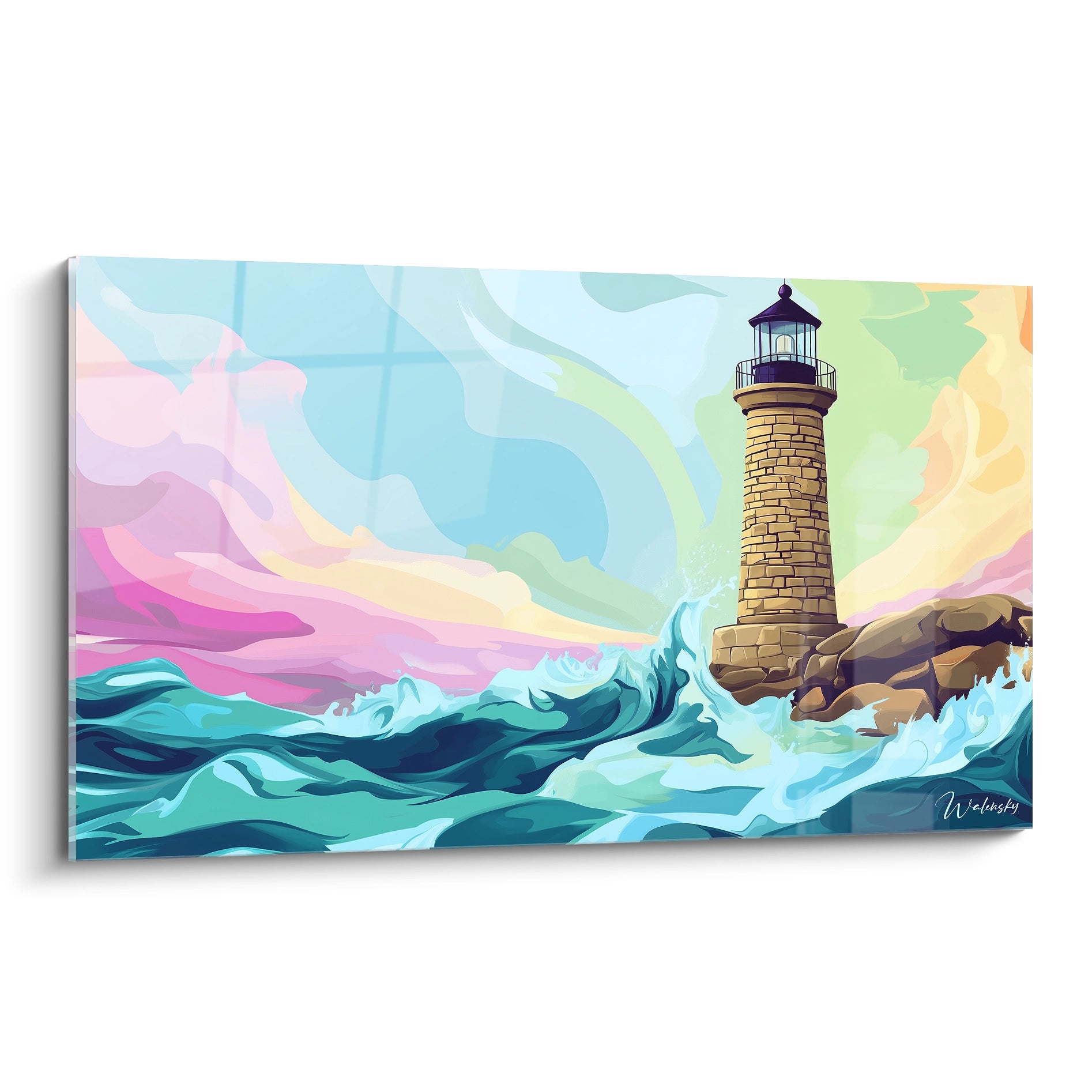 Un tableau phare maritime aux couleurs vives, représentant un phare en pierre beige doré sur des rochers, entouré de vagues turquoise écumantes, sous un ciel pastel aux teintes roses, violettes et jaunes, avec un effet de mouvement dynamique et des transitions fluides entre les couleurs.
