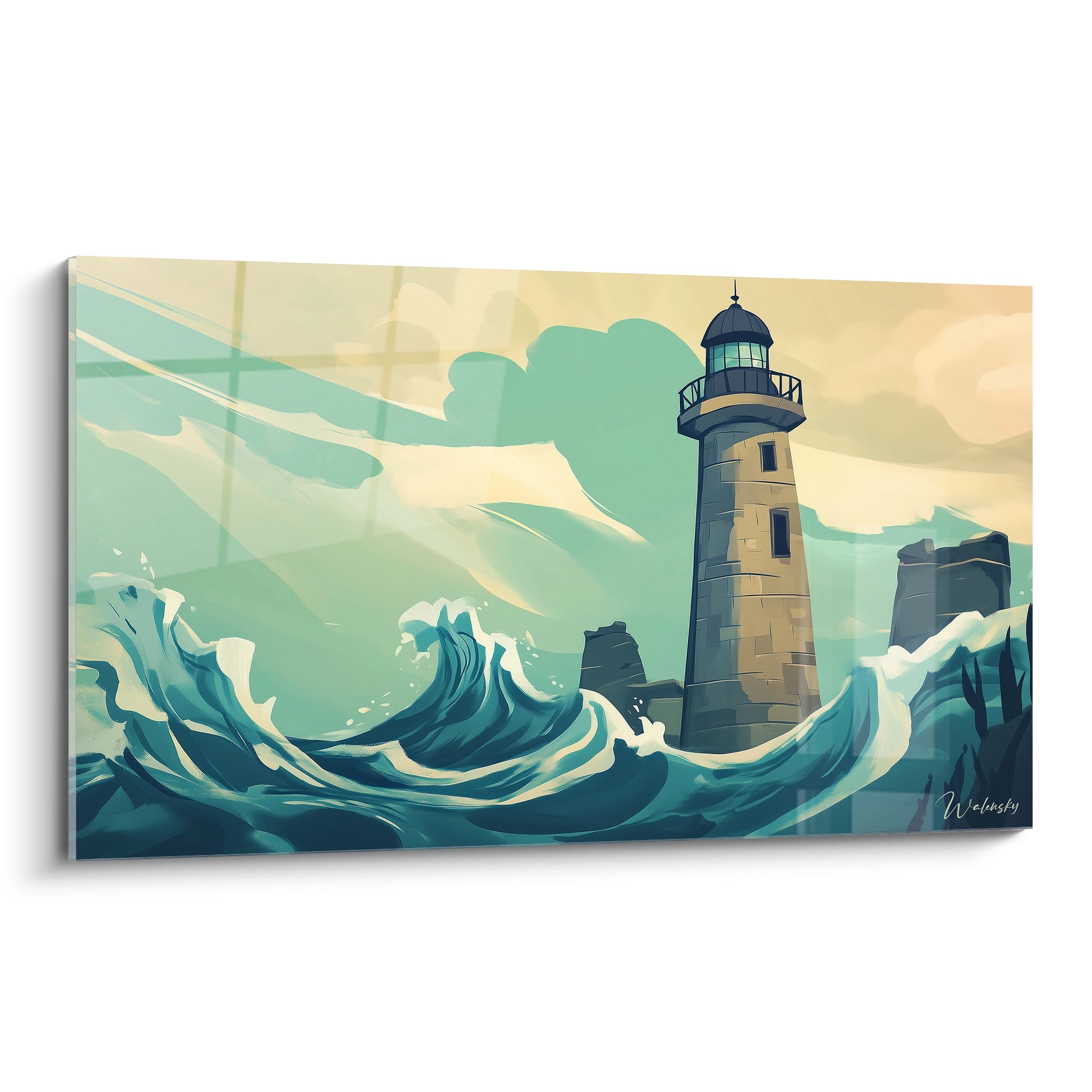 Un tableau artistique représentant un phare majestueux confronté à des vagues turquoise déferlantes, avec un ciel beige clair et des rochers sombres, créant un contraste dynamique entre la solidité du phare et la fluidité de l'eau.
