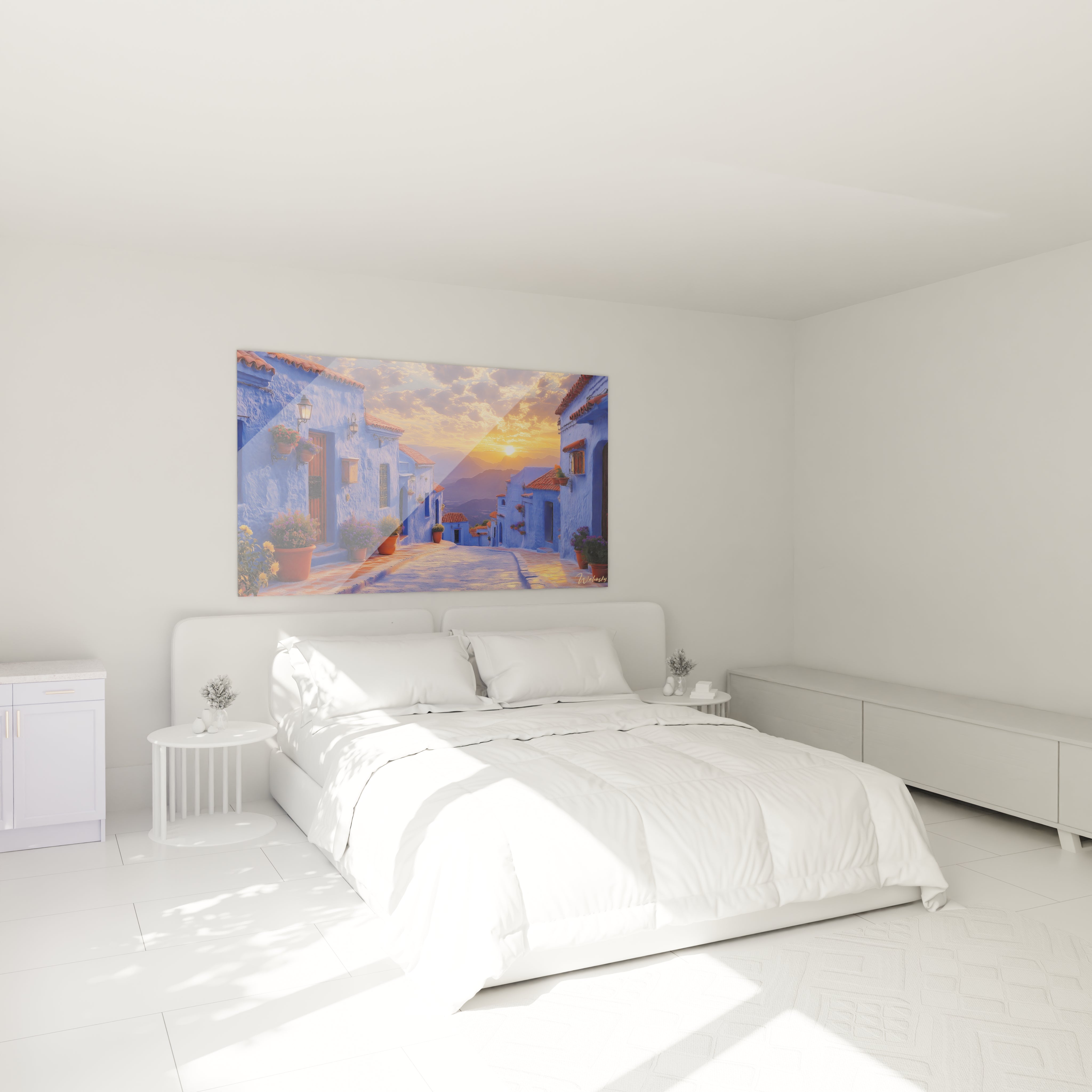 Tableau coucher de soleil montrant une perspective architecturale avec murs bleu indigo dominant, soleil doré central, portes marron et pots de fleurs colorés aux fenêtres.
