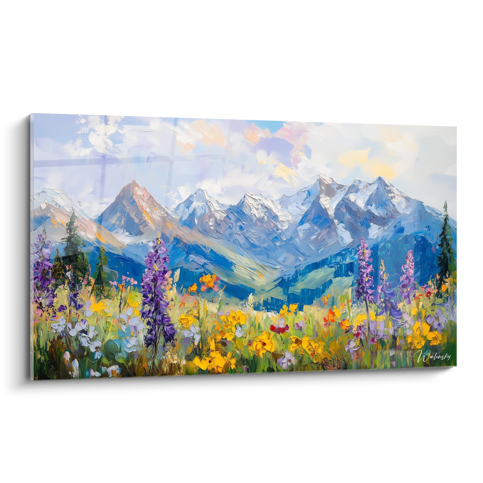 Un tableau montagne saisissant présentant des sommets enneigés bleutés surplombant un champ de fleurs alpines, avec des lupins violets et des fleurs jaunes au premier plan, dans un style impressionniste aux coups de pinceau texturés et épais.
