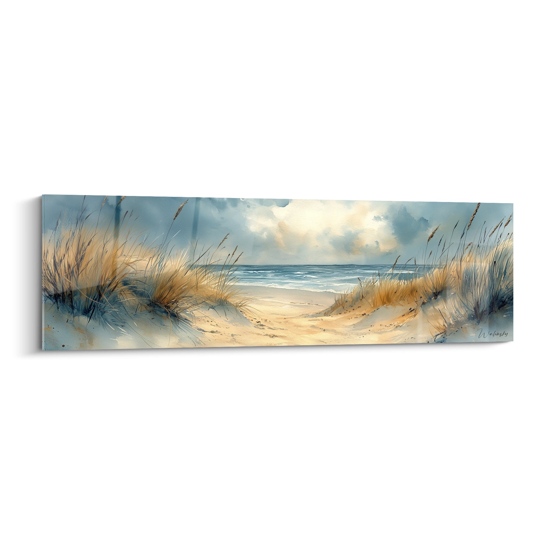 Tableau plage représentant un chemin sablonneux traversant des dunes dorées ornées d'herbes hautes, menant vers une mer bleue calme sous un ciel nuageux aux teintes douces, créant une atmosphère sereine et lumineuse.
