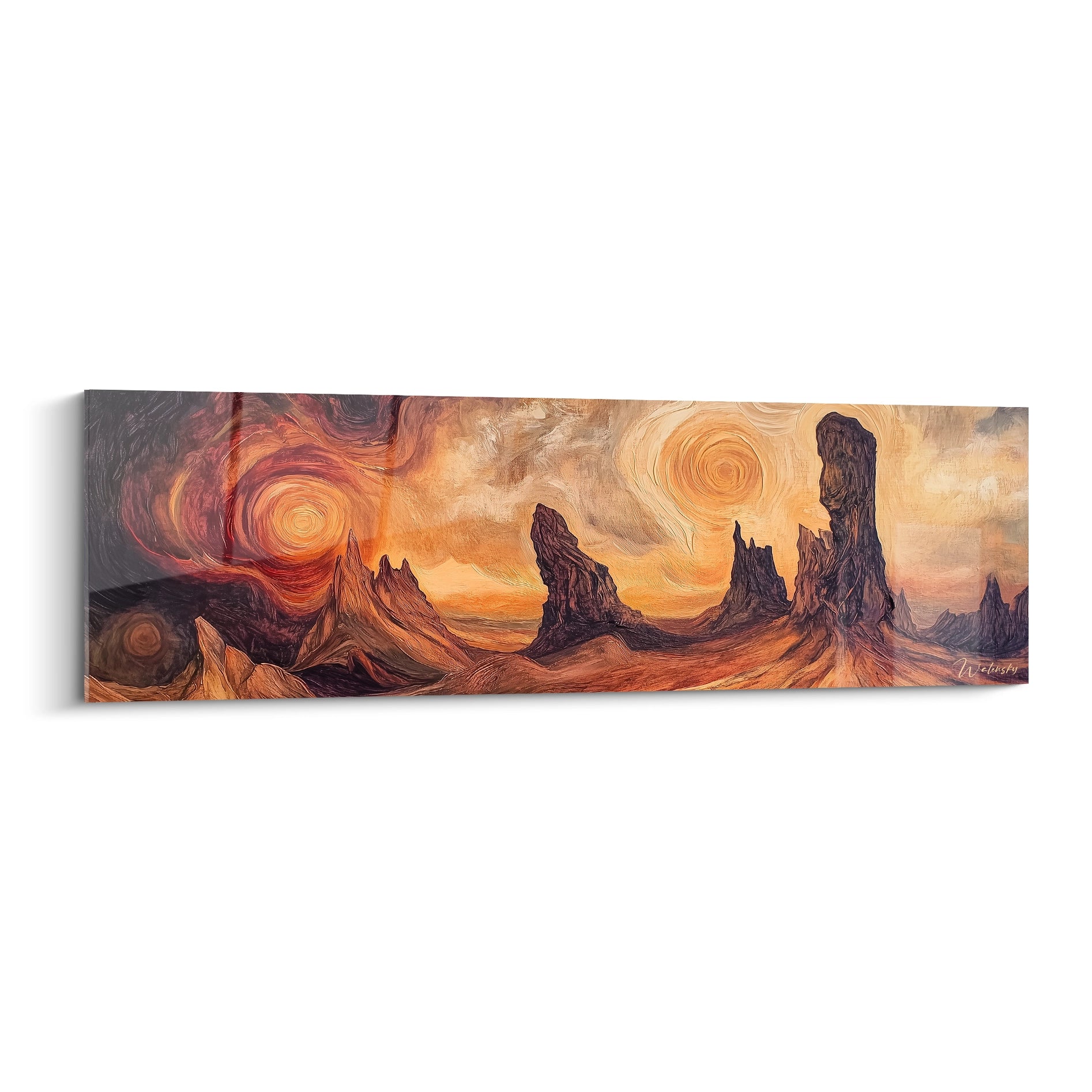 Tableau paysage représentant des formations rocheuses monumentales dans un paysage désertique, avec un ciel tourbillonnant aux teintes orange et ocre, créant un contraste dramatique avec les silhouettes brunes des montagnes aux textures rugueuses.
