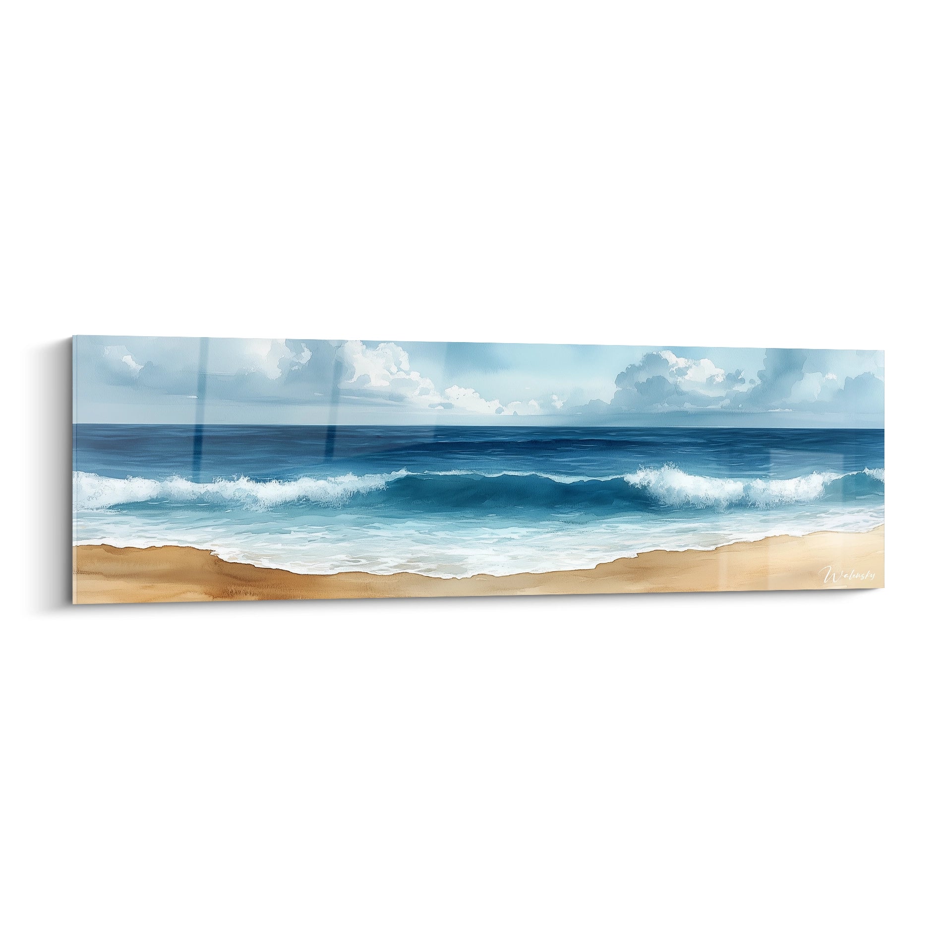 Un tableau plage représentant un bord de mer avec vagues déferlantes sur sable doré, dominé par des tons bleu profond, blanc éclatant et beige chaud, créant une atmosphère sereine avec textures variées rendant le mouvement de l'eau.
