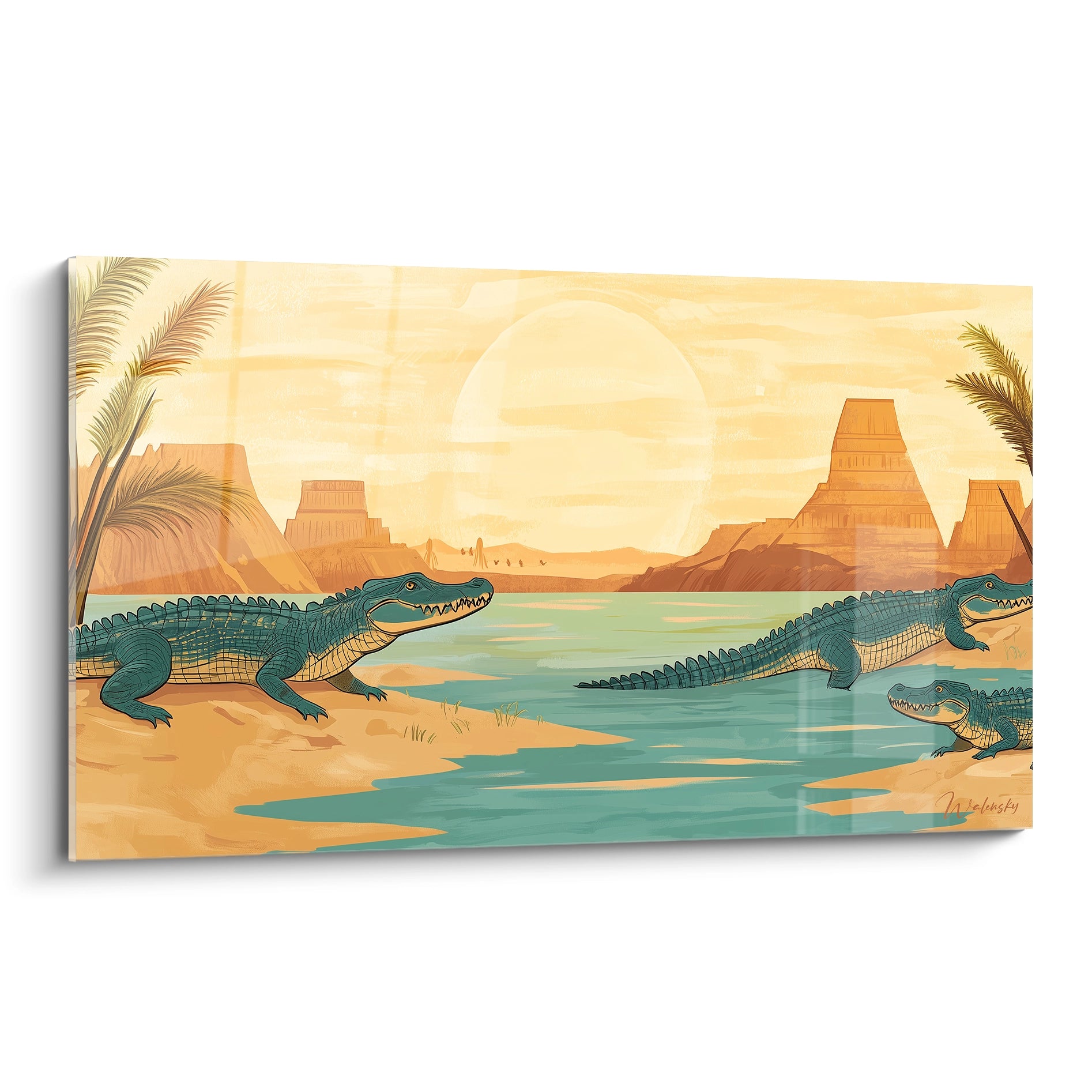 Un tableau crocodiles représentant trois reptiles turquoise près d'une oasis, avec des mesas orange et des palmiers sur fond beige doré.
