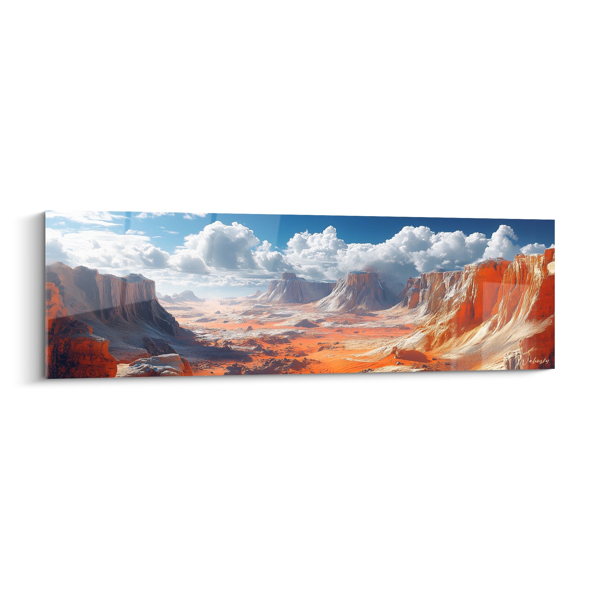 Un tableau désert représentant des falaises ocre et rouges sculptées par l'érosion, surplombant une vallée aride sous un ciel bleu profond avec d'imposants nuages blancs, créant un paysage panoramique aux textures minérales détaillées.