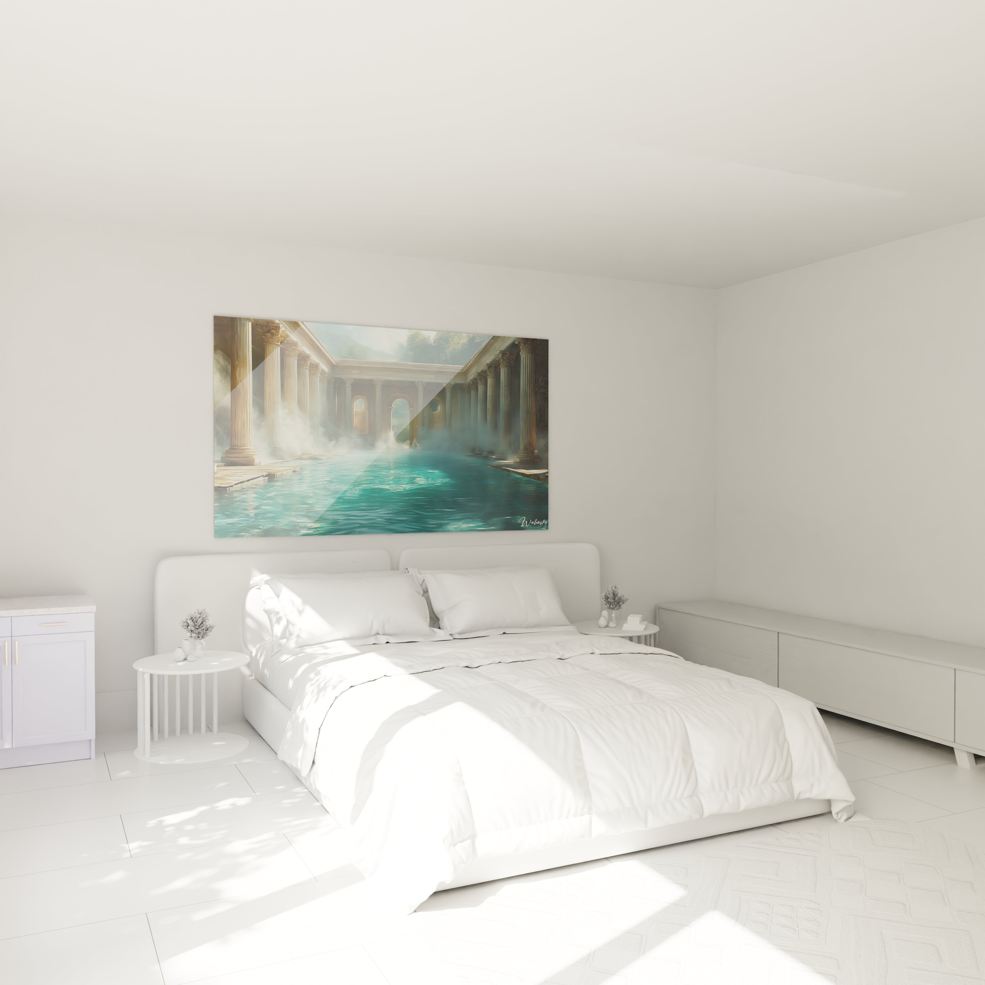 Un tableau architectural montrant un bain thermal romain avec imposantes colonnes en marbre beige encadrant une piscine aux eaux turquoise, enveloppée de vapeur blanche, sous un ciel visible par une ouverture, évoquant la grandeur classique.
