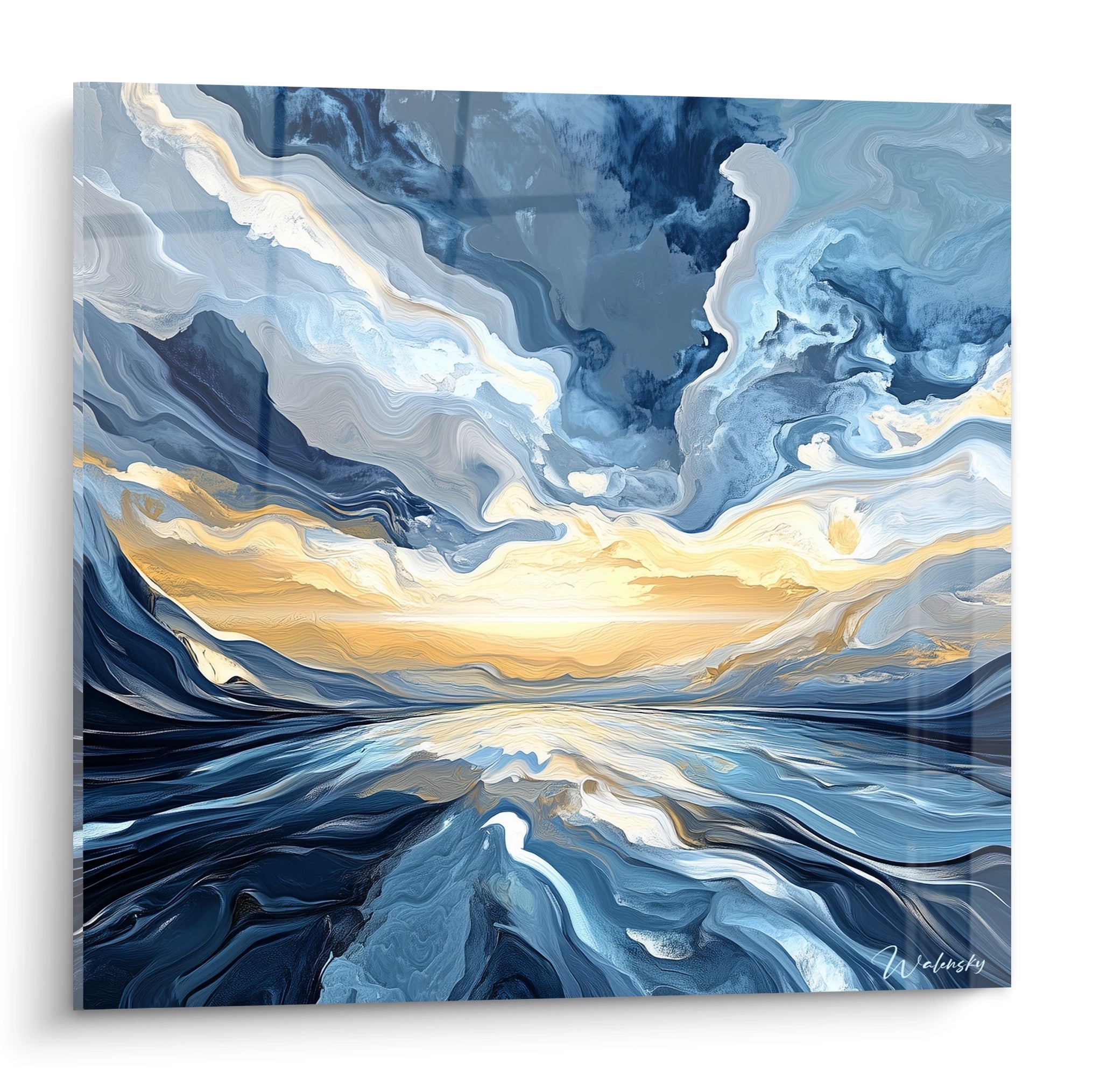Un tableau mer abstrait représentant des vagues fluides aux tons bleus profonds et célestes, traversées par une ligne d'horizon dorée éclatante, avec des textures ondulantes créant un effet de mouvement perpétuel sur toute la surface peinte.
