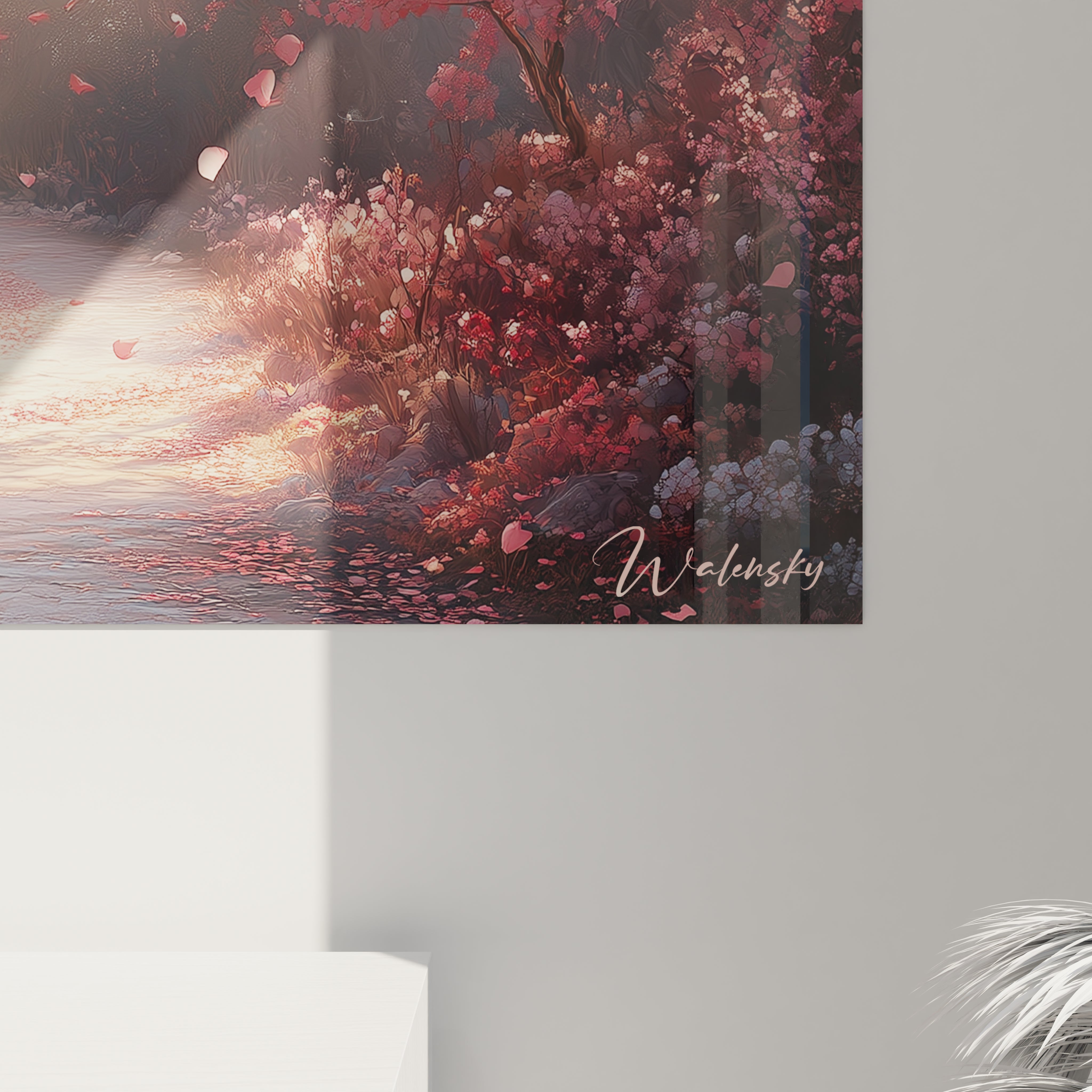 Un tableau forêt onirique illustrant un passage bordé d'arbres en fleurs roses, où la brume matinale et les rayons du soleil se mélangent pour créer une ambiance éthérée, avec des détails minutieux au premier plan qui se fondent progressivement dans une lumière diffuse.
