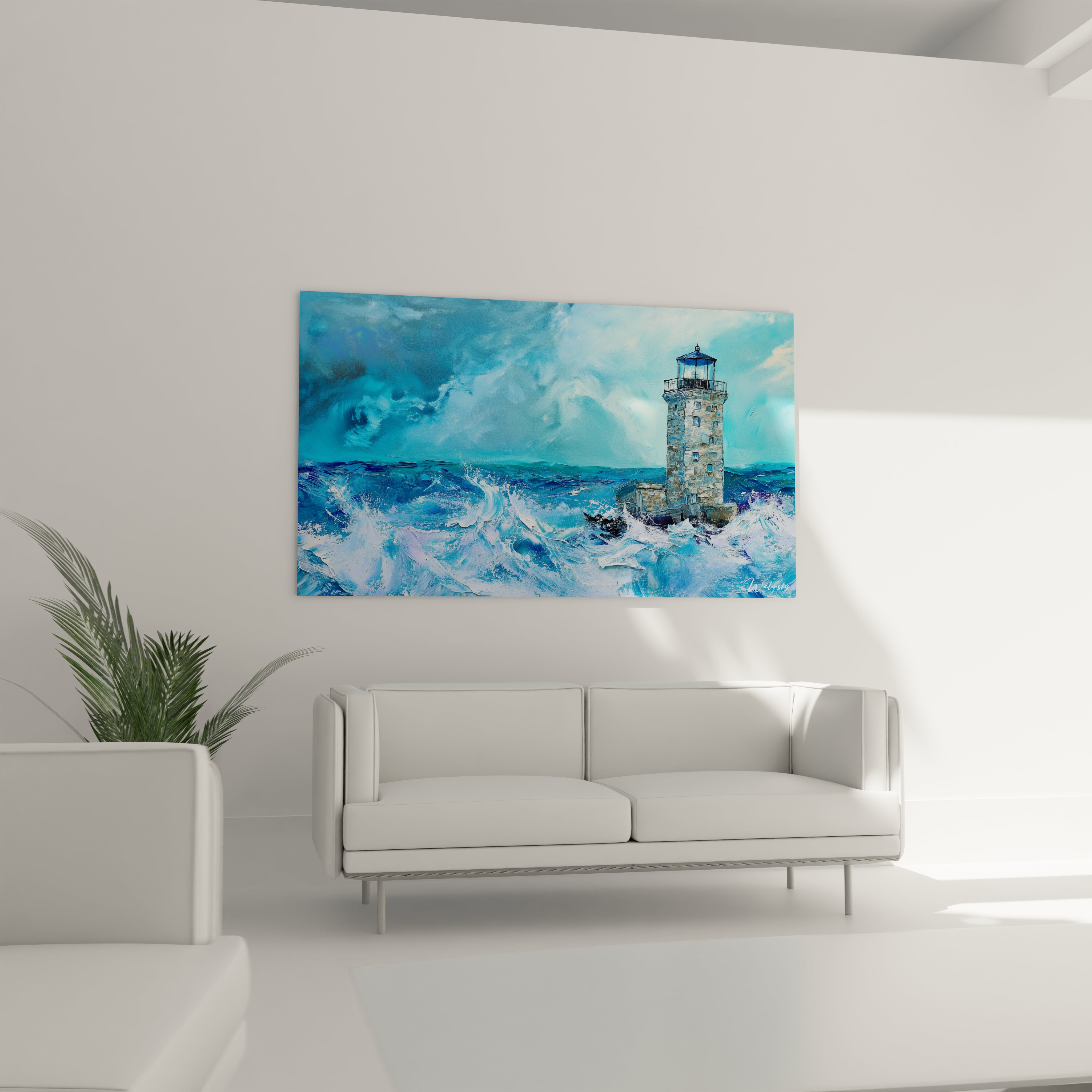 Tableau représentant un phare côtier en pierre beige se dressant au milieu d'une mer agitée, avec des vagues bleues aux crêtes blanches écumeuses qui l'assaillent, sous un ciel tourmenté bleu clair, illustrant la puissance des éléments naturels.
