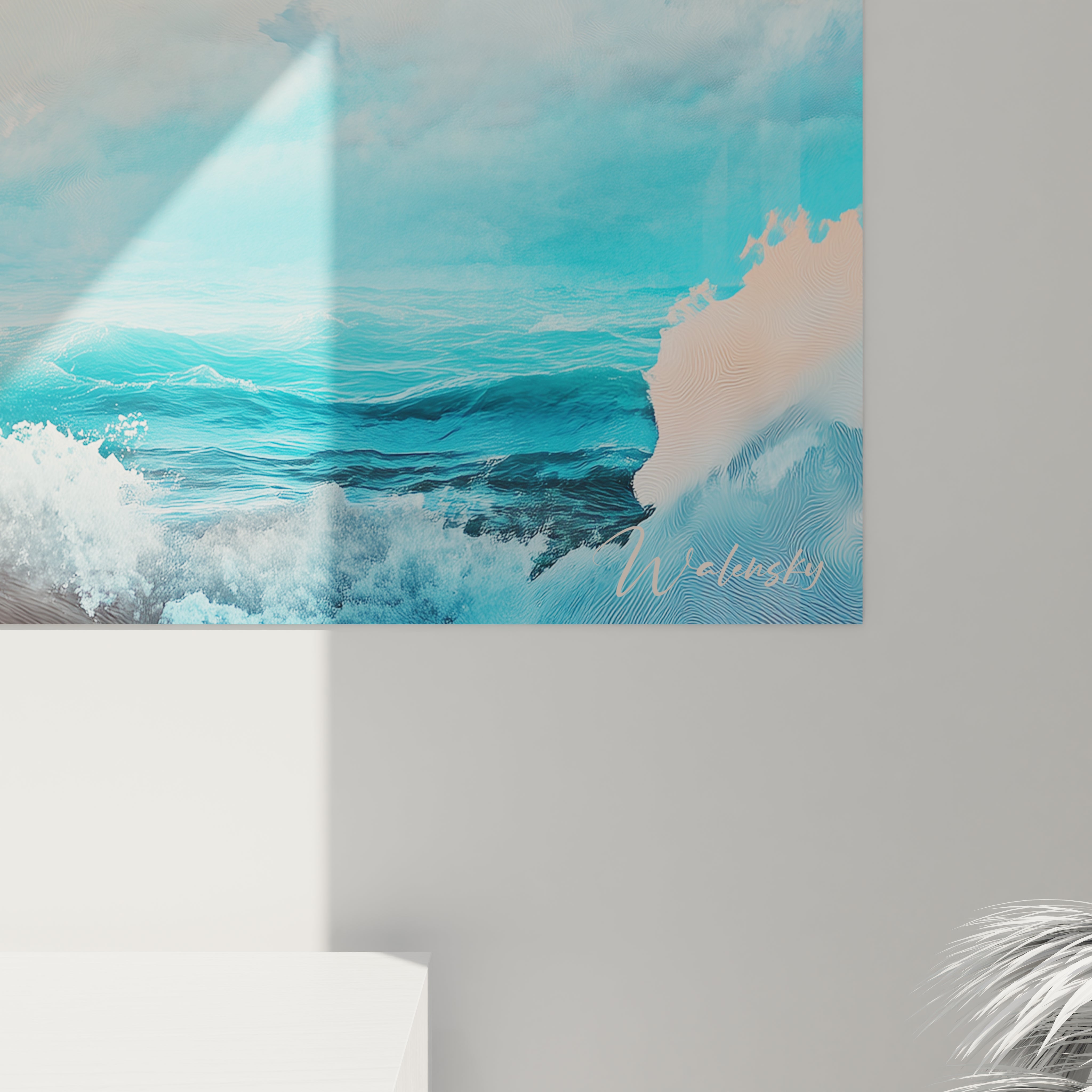 Un tableau marin présentant une tour de guet en pierre grise encerclée par des vagues déferlantes blanches et turquoise, devant un ciel aux nuances douces d'orange, de bleu pâle et de beige.
