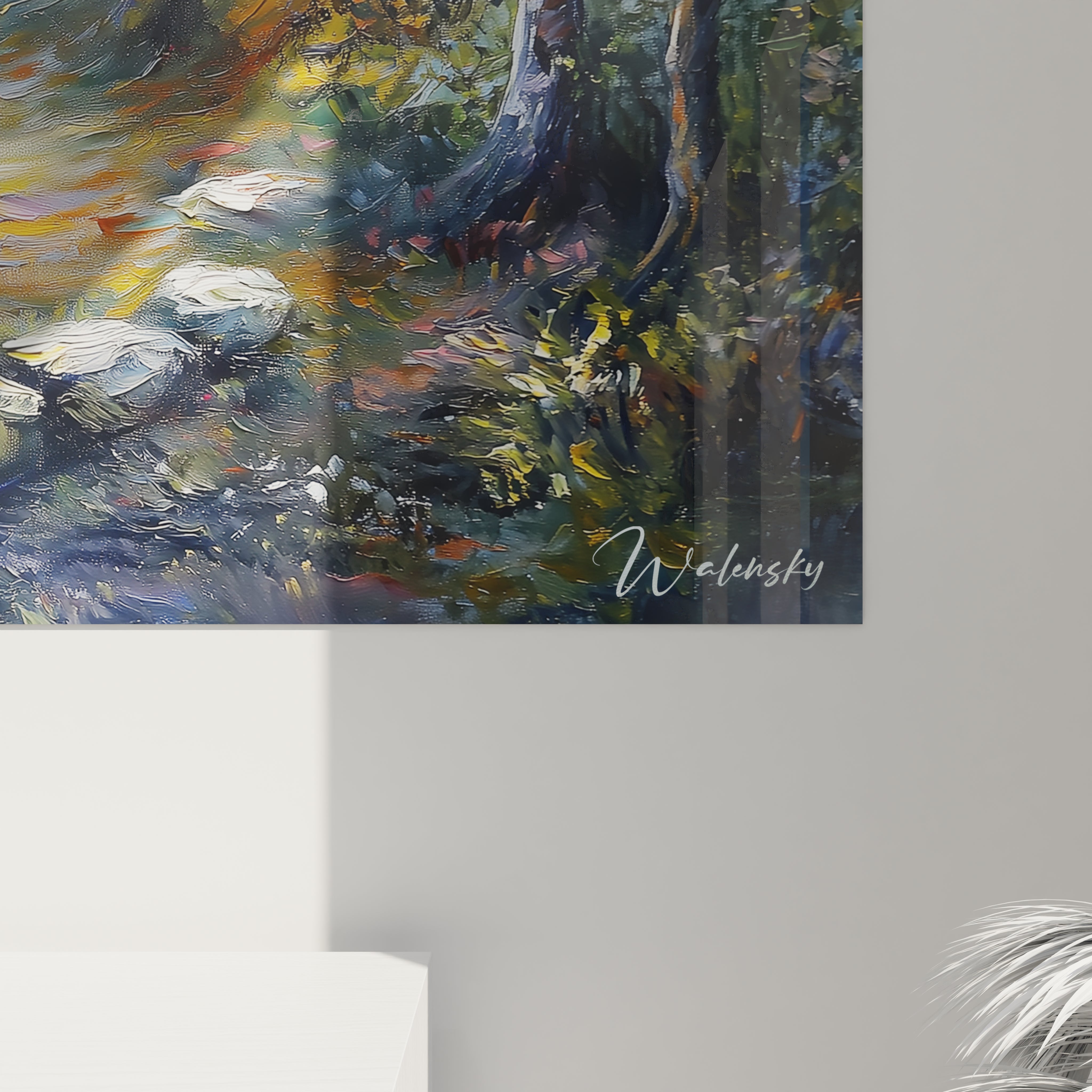 Un tableau forêt capturant l'atmosphère éthérée d'un chemin forestier dans la brume, avec une composition symétrique d'arbres encadrant un sentier pierreux, des teintes bleutées dominantes rehaussées de touches dorées sur les feuillages, et des empâtements créant du relief au premier plan.
