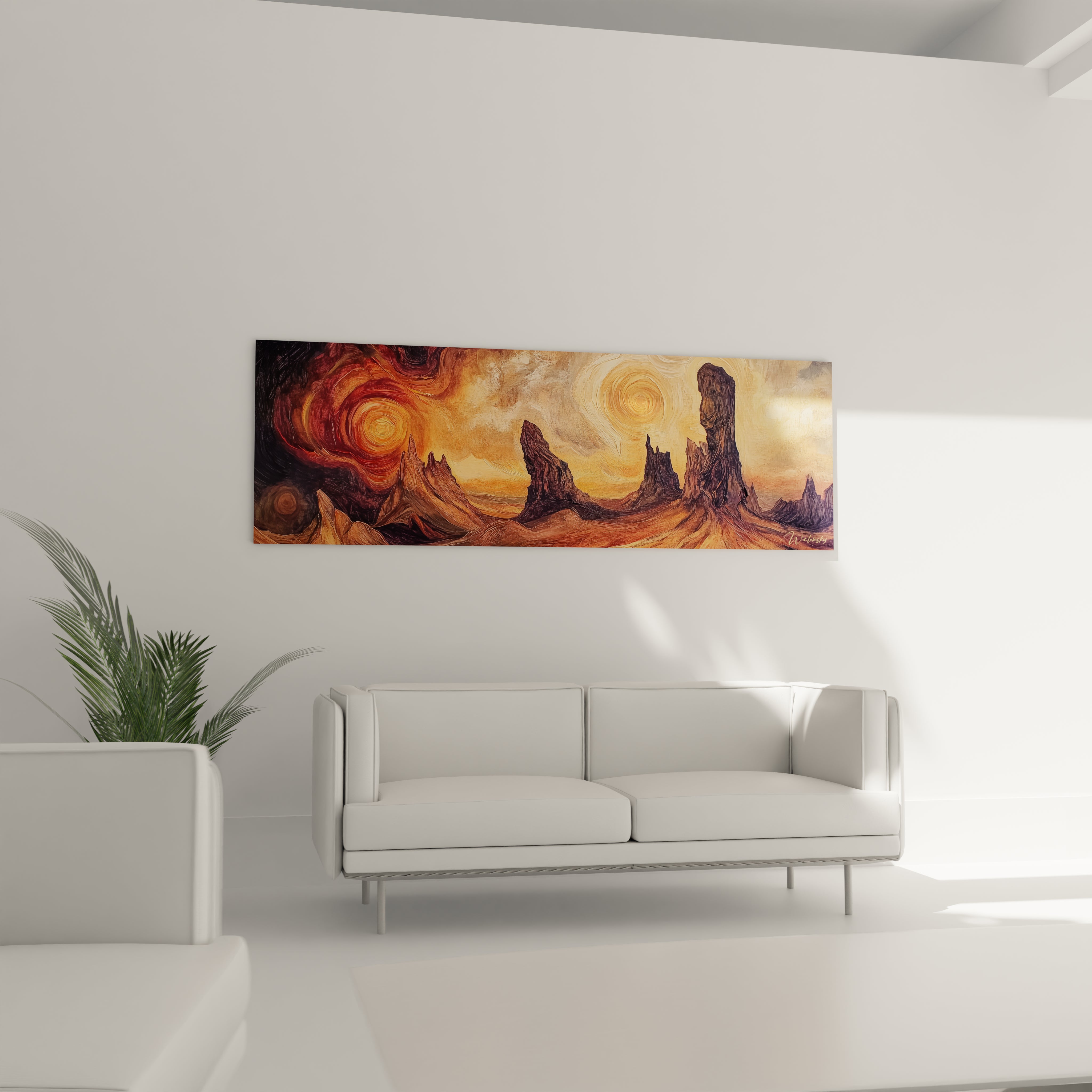 Tableau paysage panoramique montrant un horizon désertique dominé par des piliers rocheux sombres se détachant sur un ciel flamboyant aux motifs spiralés, avec une palette dominée par les bruns profonds, les oranges vifs et les beiges chaleureux.
