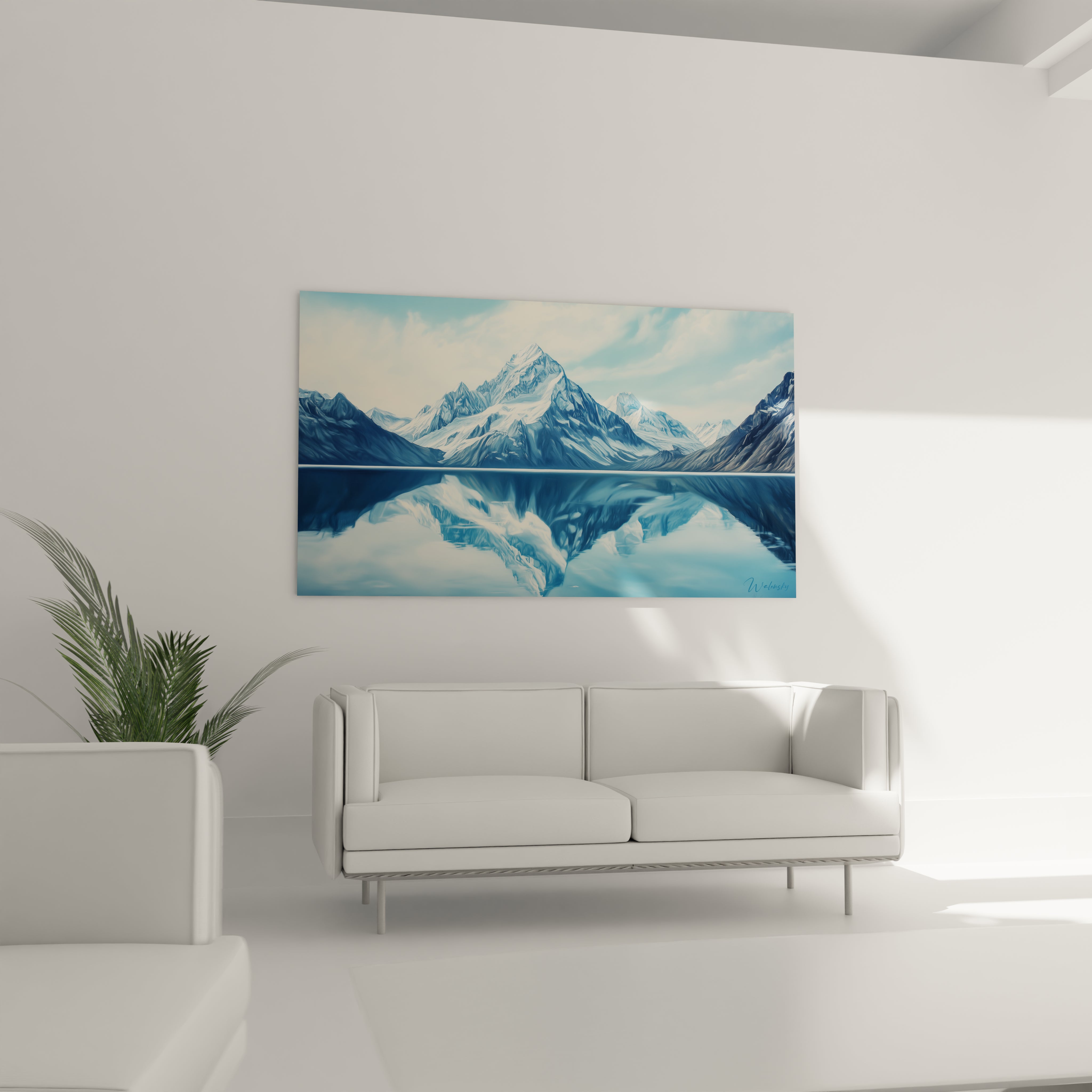 Un tableau de paysage montagneux présentant des sommets enneigés se mirant dans un lac immobile, tons bleus azur et blancs éclatants avec des détails rocheux gris
