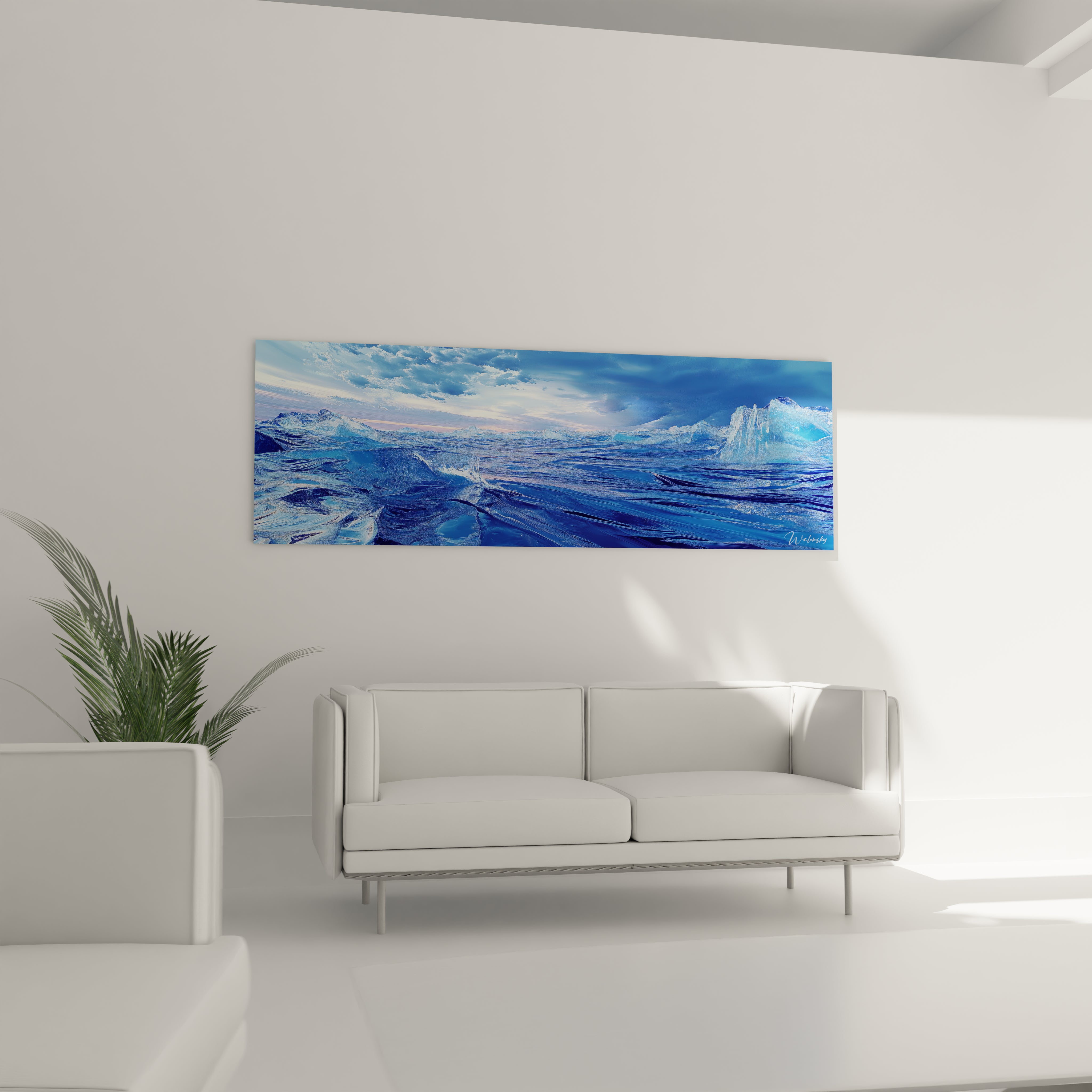 Un tableau mer arctique présentant une immensité bleue s'étendant jusqu'à l'horizon, avec des formations glaciaires sculptées au premier plan, illuminé par une lumière crépusculaire qui génère des reflets nacrés et une texture ondoyante sur toute la surface marine.
