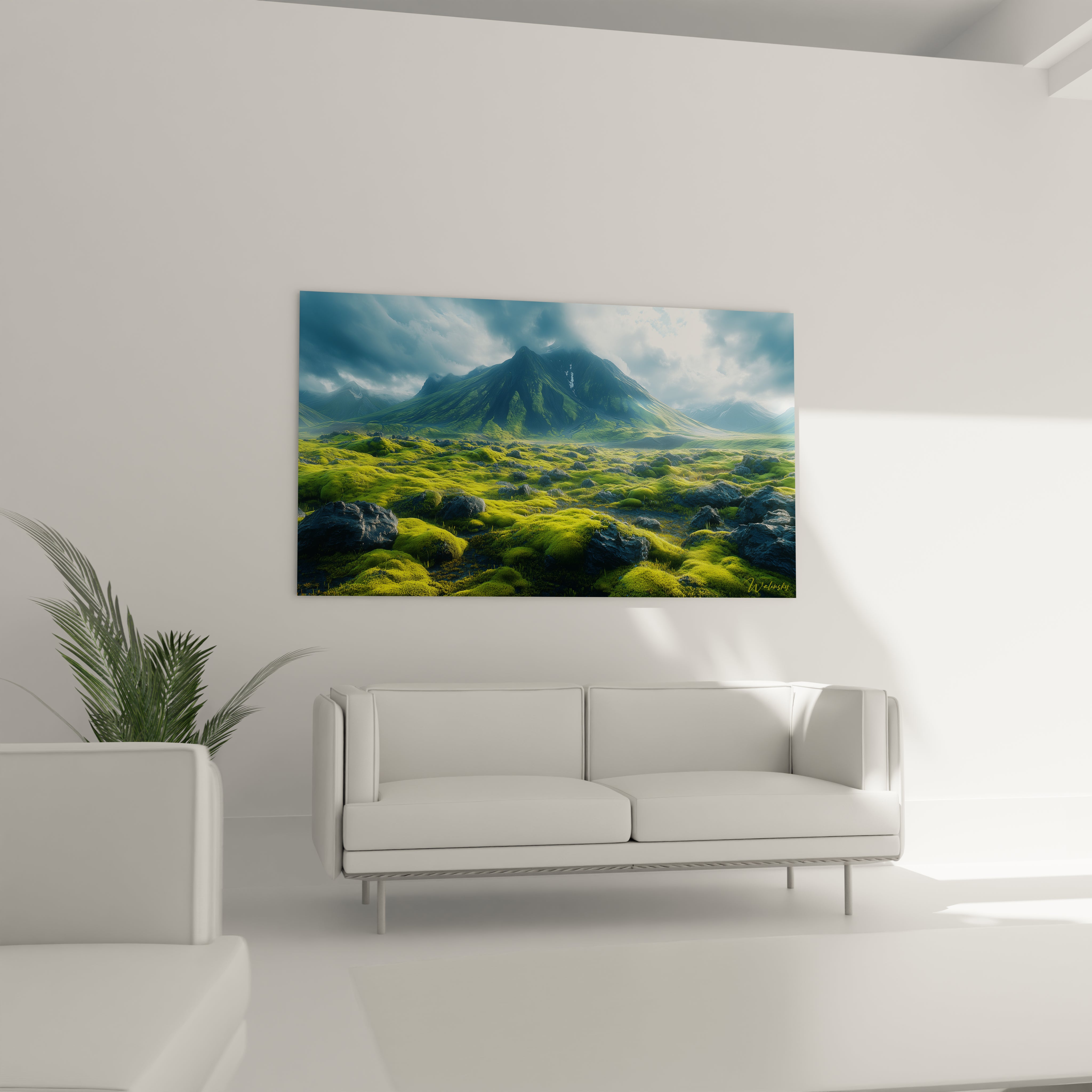 Tableau montagne représentant un panorama nordique avec une montagne pyramidale gris-bleu au centre, entourée de vastes étendues de végétation mousseuse vert électrique et de blocs rocheux épars.
