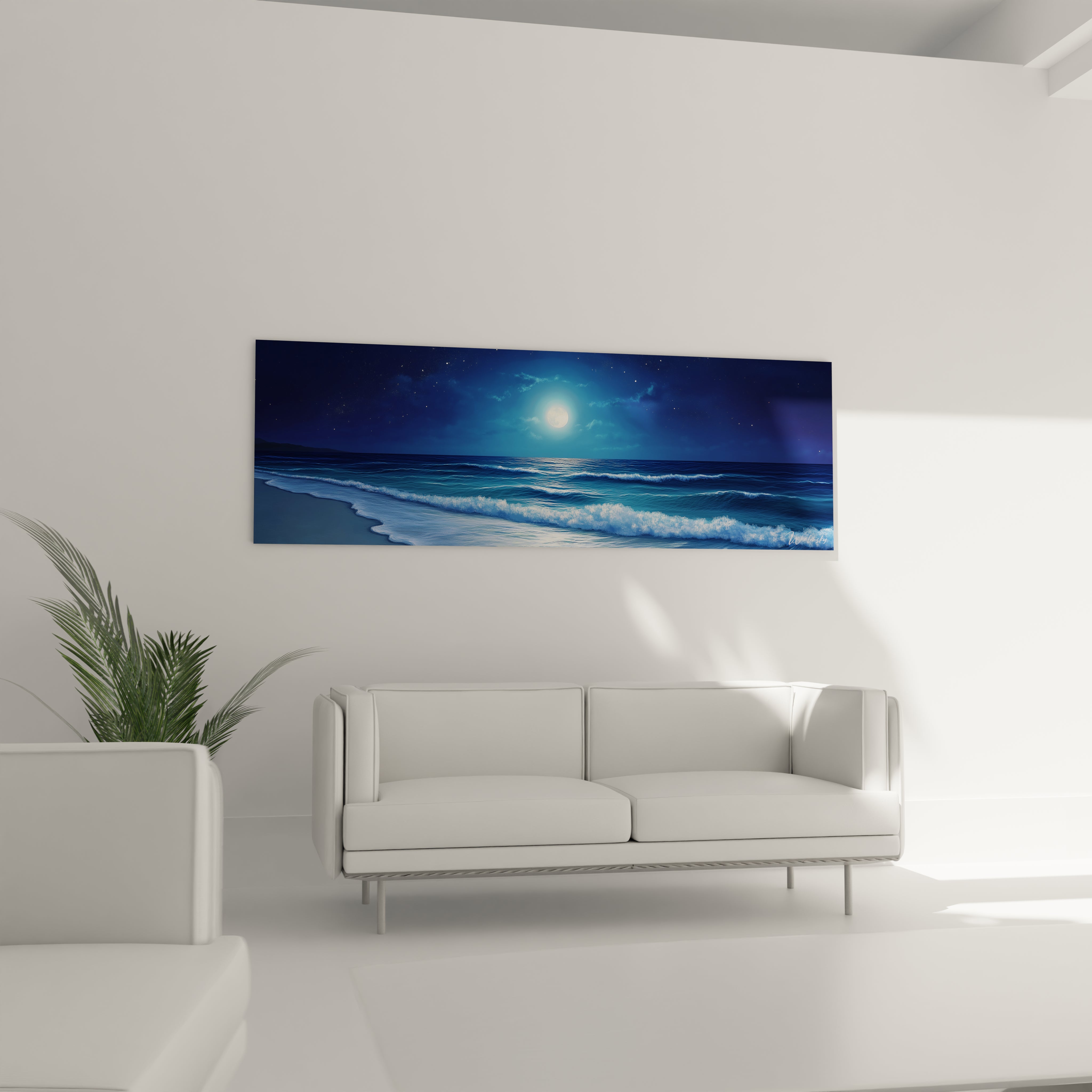Un tableau plage lunaire capturant l'instant où les vagues bleues rencontrent le rivage, dominé par une pleine lune éclatante au centre d'un ciel nocturne, avec des nuances de bleu allant du marine au céruléen et des effets de lumière argentée se reflétant sur l'eau en mouvement.
