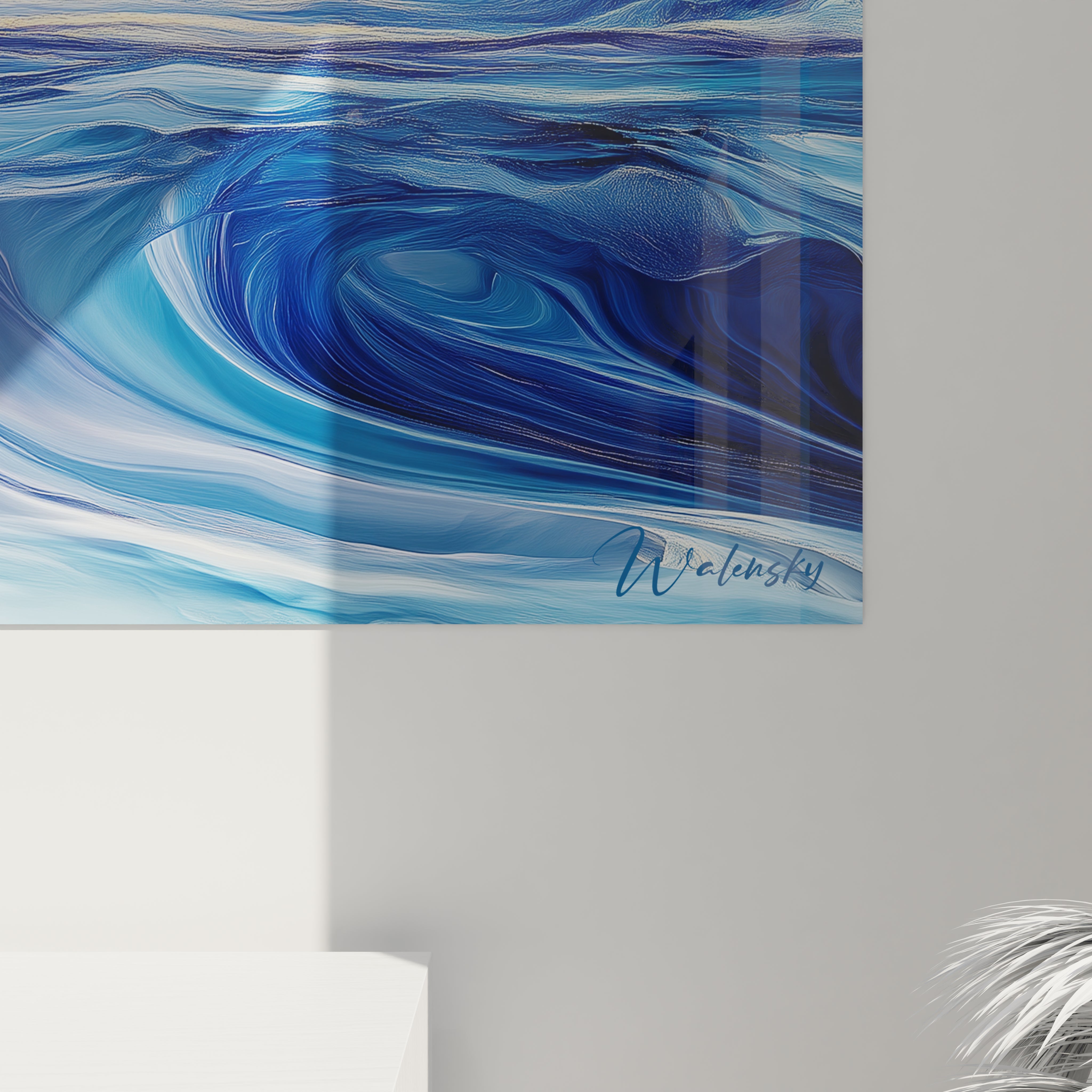 Un tableau aquatique composé de vagues stylisées en bleus variés et blanc, traversé par une ligne d'horizon aux reflets dorés, créant une atmosphère éthérée grâce à des textures fluides et des motifs marbrés qui suggèrent le mouvement perpétuel de l'océan.
