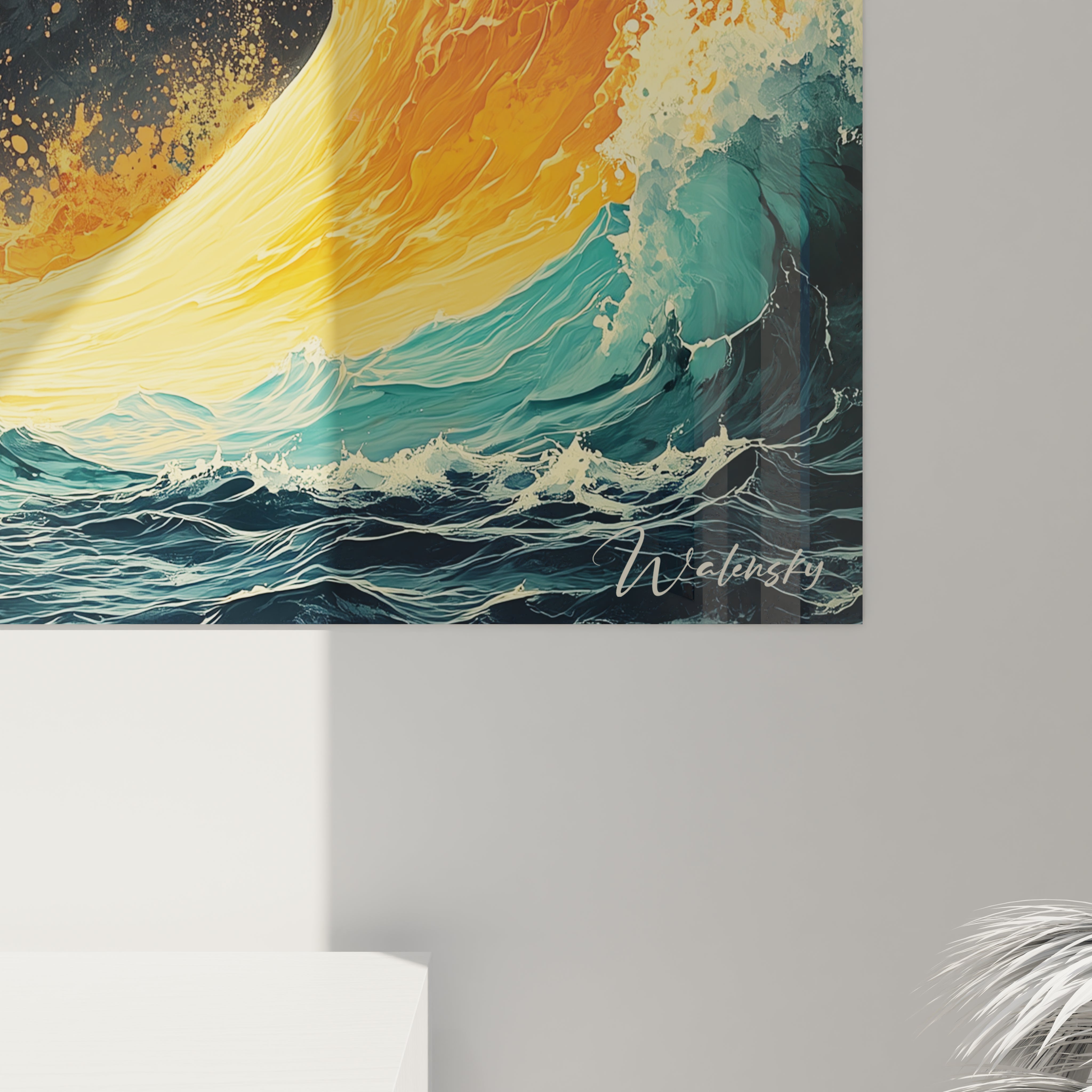 Un tableau mer cosmique présentant un portail doré circulaire émergeant d'eaux turquoise agitées, avec un contraste saisissant entre les couleurs chaudes incandescentes et les teintes froides marines, créant une impression de phénomène surnaturel où les éléments opposés se rencontrent.

