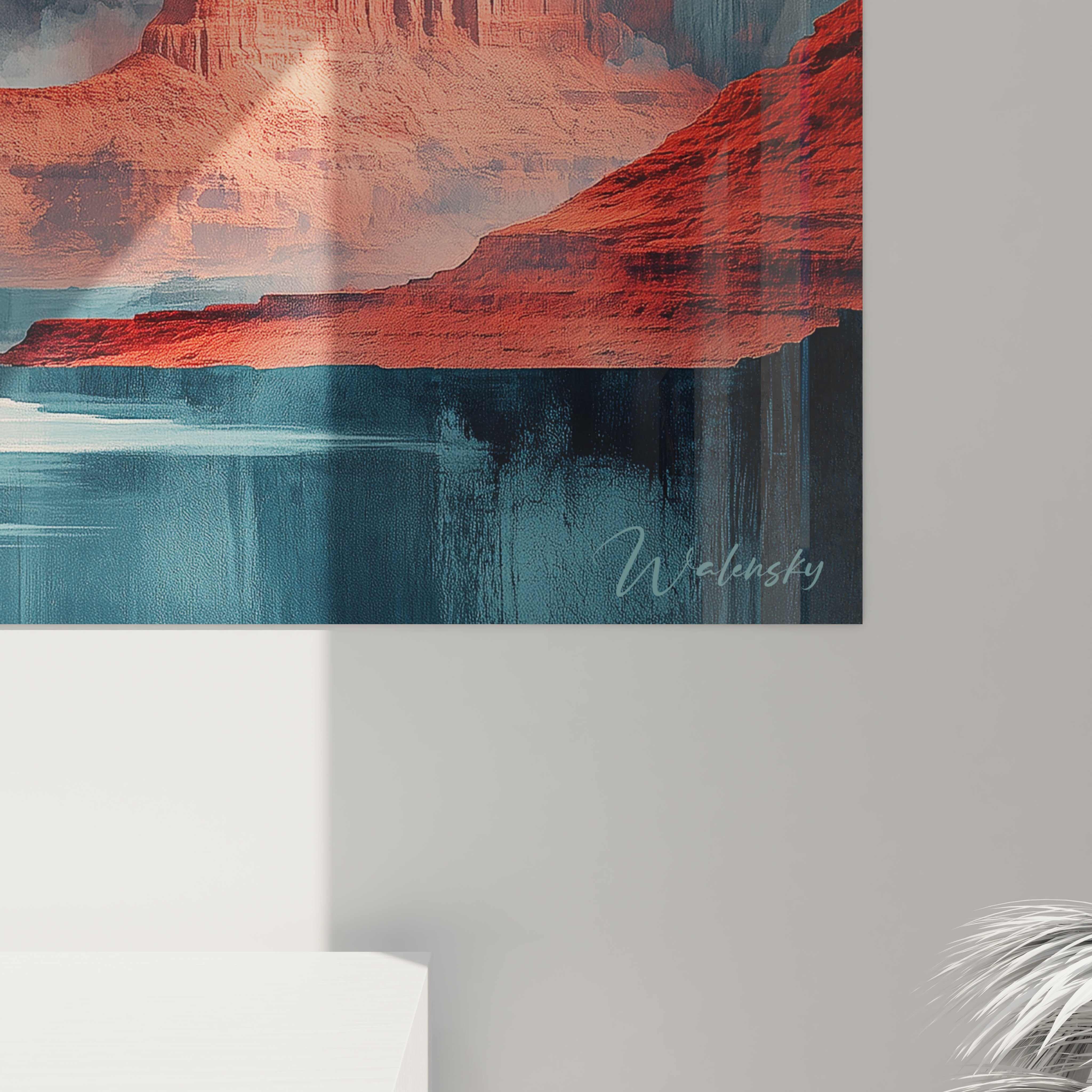 Tableau désert minimaliste présentant des formations rocheuses rouges encadrant un soleil orange vibrant, une eau calme aux reflets bleutés et des nuages délicats, créant une composition équilibrée aux textures variées entre rugosité des roches et fluidité du ciel.

