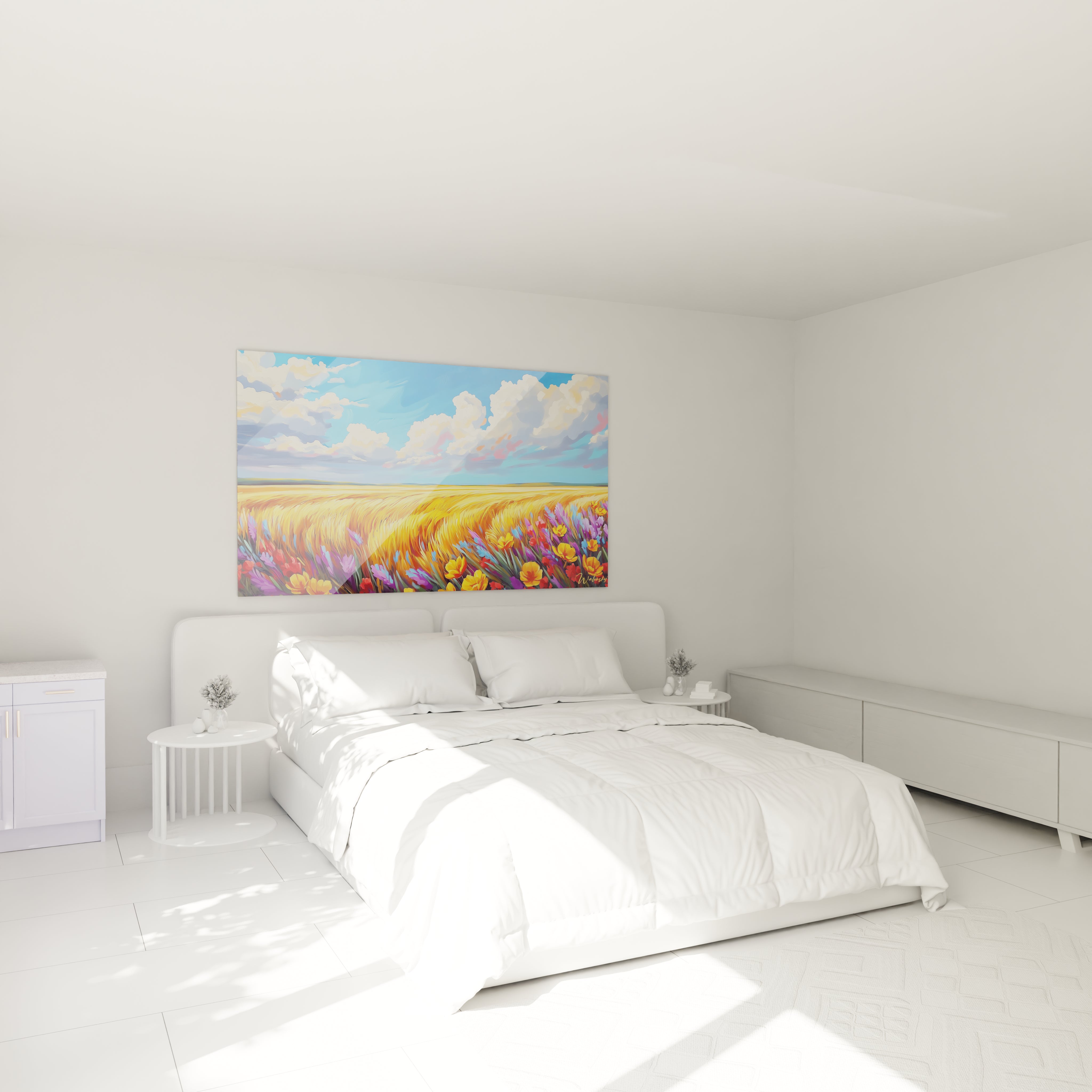 Un tableau champêtre alliant un champ de céréales dorées et un ciel azur lumineux, avec une bordure inférieure de fleurs multicolores créant un contraste vif et des textures variées entre les épis ondulants et les pétales délicats.
