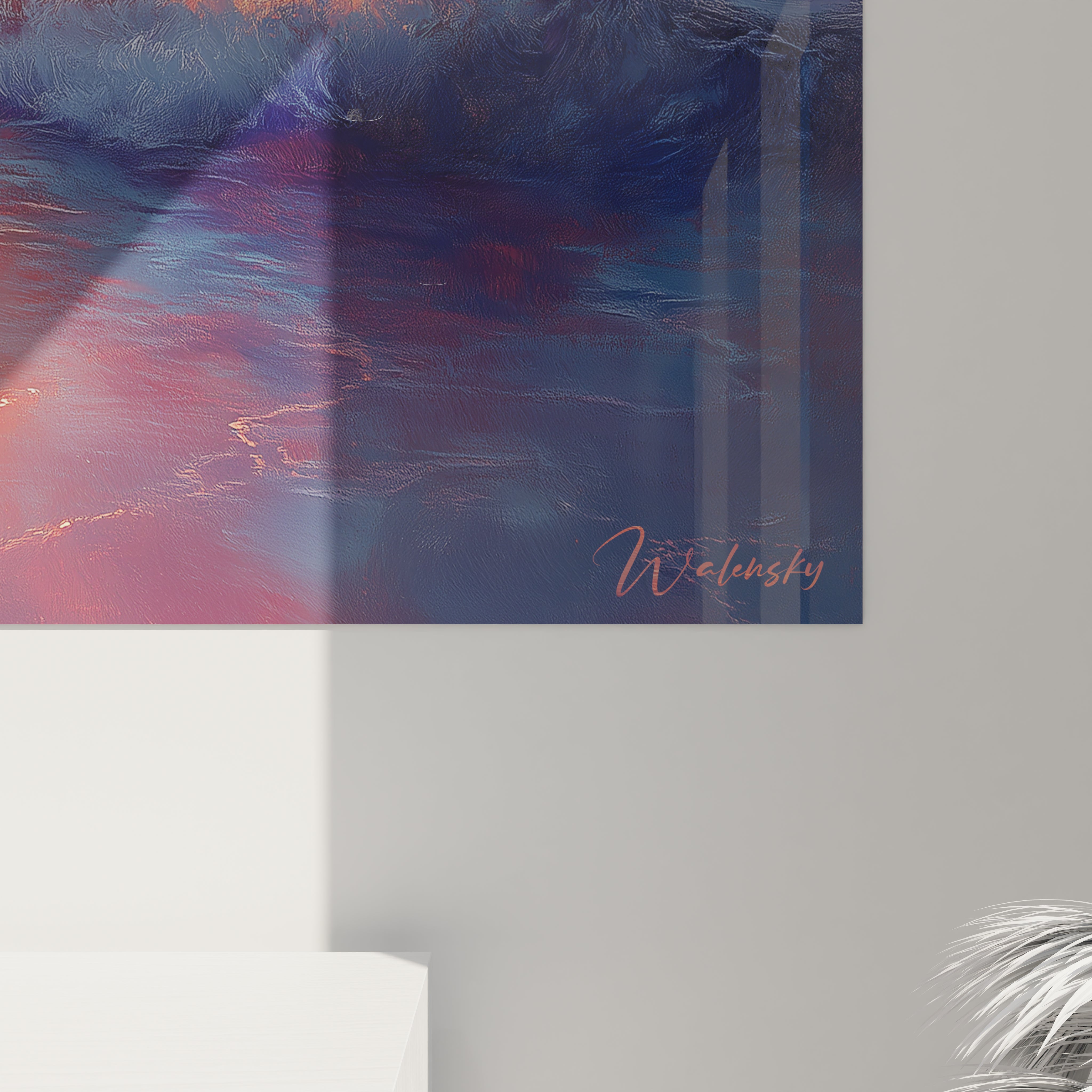 Tableau artistique d'un coucher de soleil océanique aux tons chauds, mêlant orange vif, rouge intense et touches de violet dans les nuages, un disque solaire jaune doré à l'horizon, des reflets lumineux sur une mer calme avec écume blanche sur les vagues.
