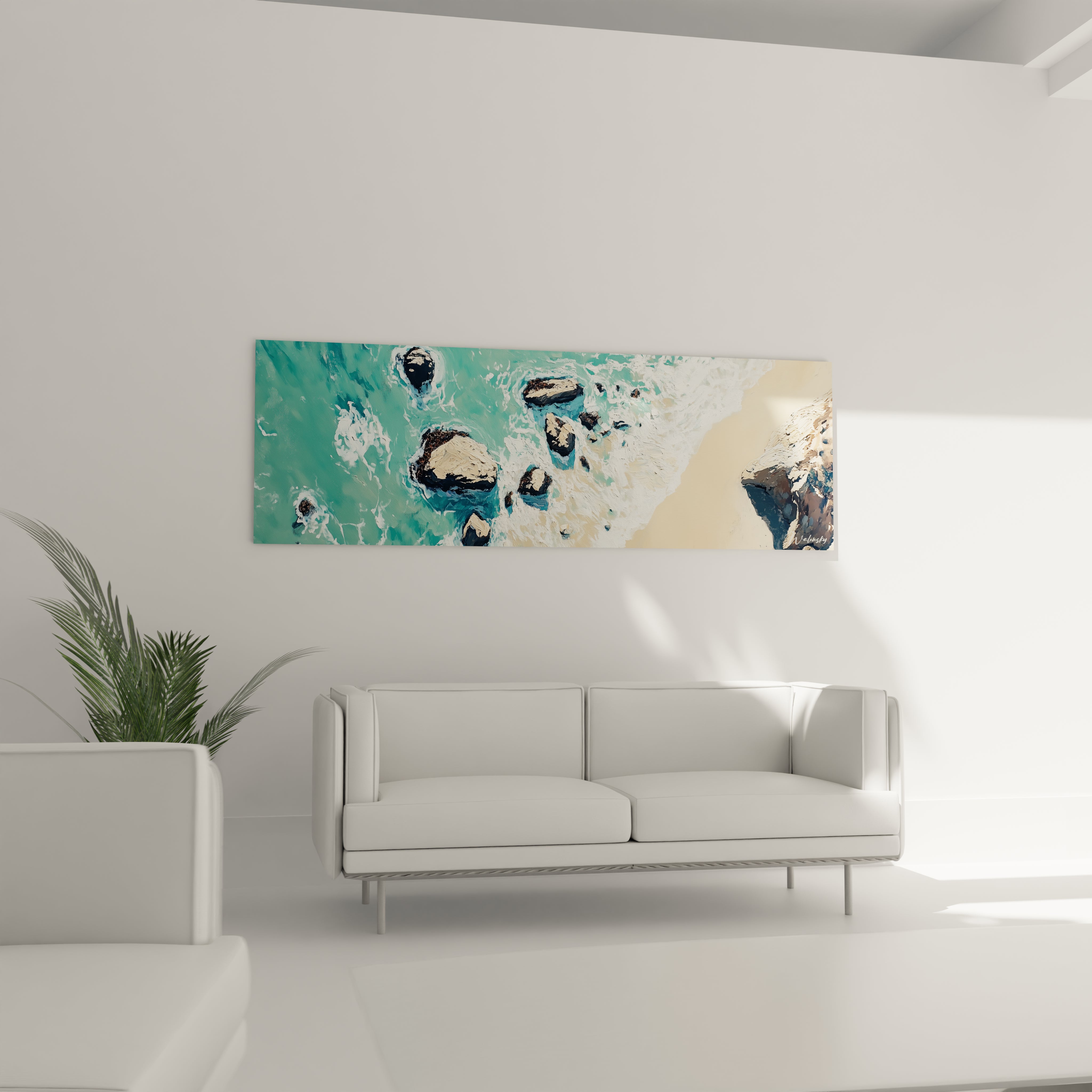 Un tableau littoral vue du ciel montrant le contraste saisissant entre eaux turquoise transparentes et rochers massifs, où l'écume blanche crée des arabesques délicates autour des formations rocheuses, avec une texture empâtée donnant relief à la composition.
