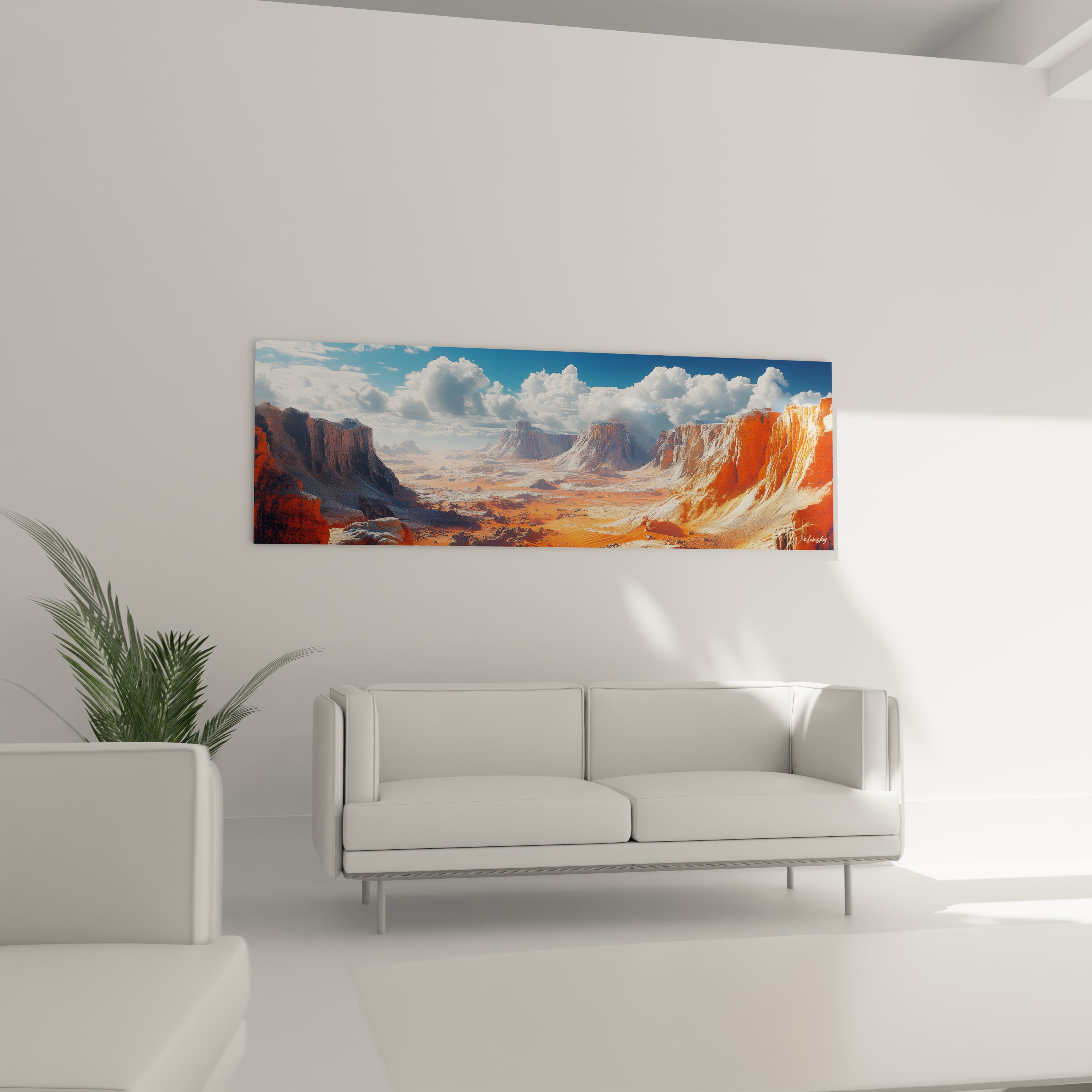 Un tableau désert panoramique illustrant des formations rocheuses monumentales aux teintes orange vif et beige clair, encadrant une vallée sablonneuse sous une voûte céleste bleue, avec un jeu d'ombres et de lumières soulignant chaque strate des falaises.