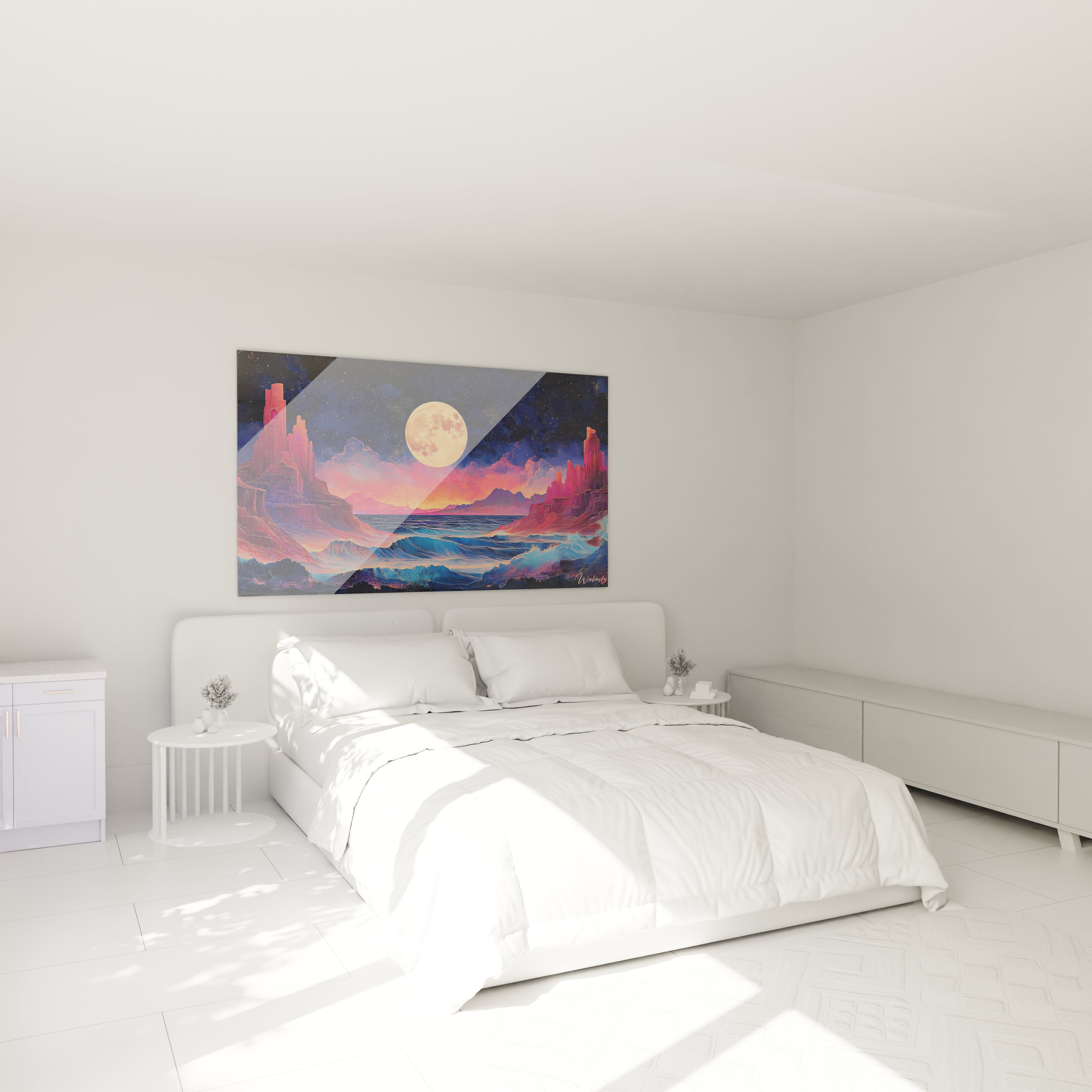 Un tableau mer nocturne illustrant une vue panoramique où des vagues turquoise s'écrasent contre des formations rocheuses écarlates, sous un ciel étoilé dominé par une pleine lune orangée qui illumine l'ensemble du paysage fantastique.
