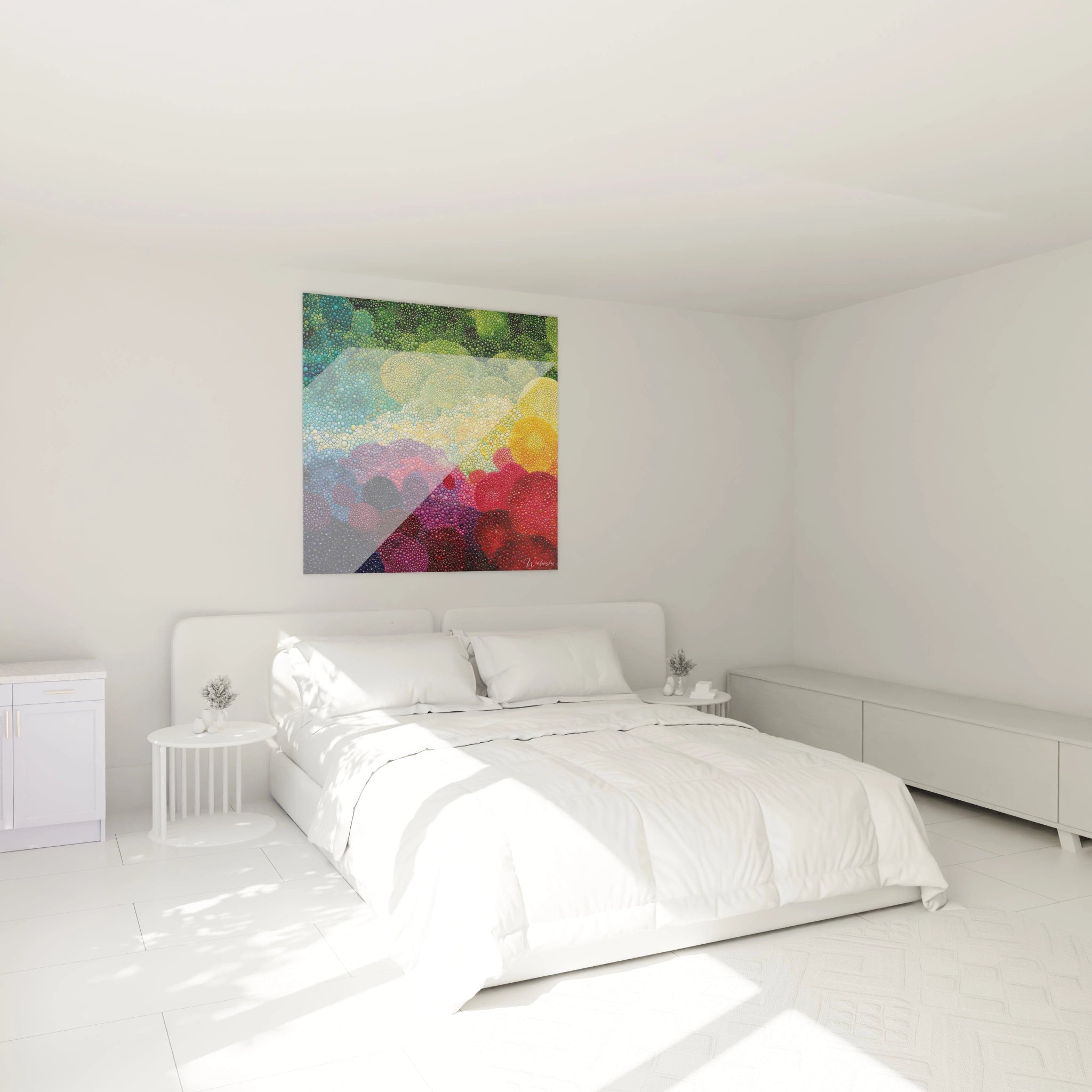 Tableau mural Walensky coloré au dessus d un lit blanc dans une chambre minimaliste tableau décoratif paysage dégradé