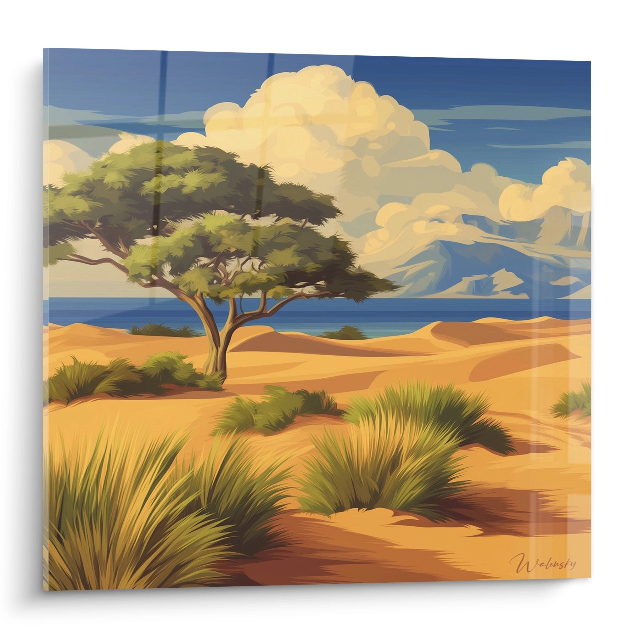 Tableau paysage désertique africain avec acacia solitaire et dunes dorées, art mural savane naturelle