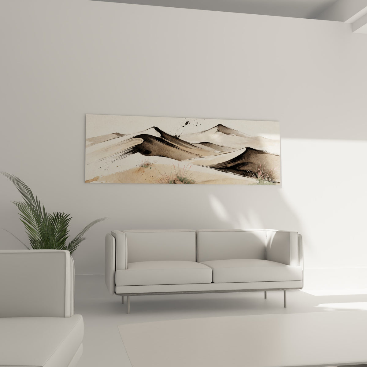 Sable beige et ombres noires du désert accrochées au-dessus d'un canapé dans un salon lumineux