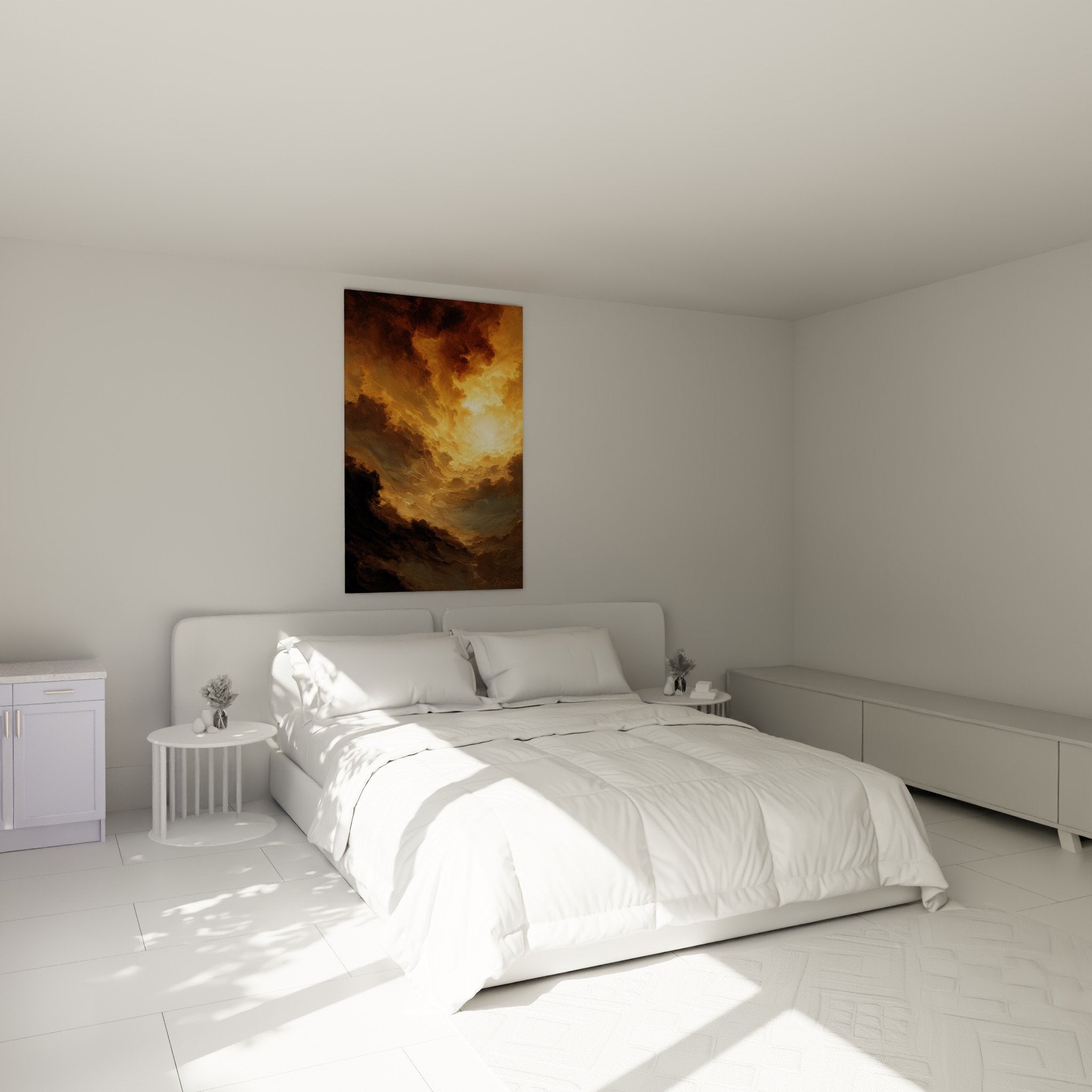 landschaftsbild goldene wolken im schlafzimmer warme atmosphäre wanddekoration feng shui