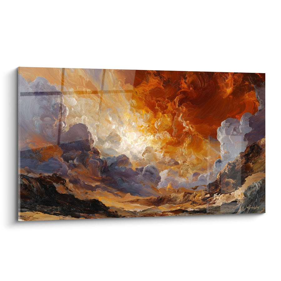 Tableau paysage dramatique aux nuages orange et rouge flamboyants - Tempête céleste - Edition Feng shui Sud Feu