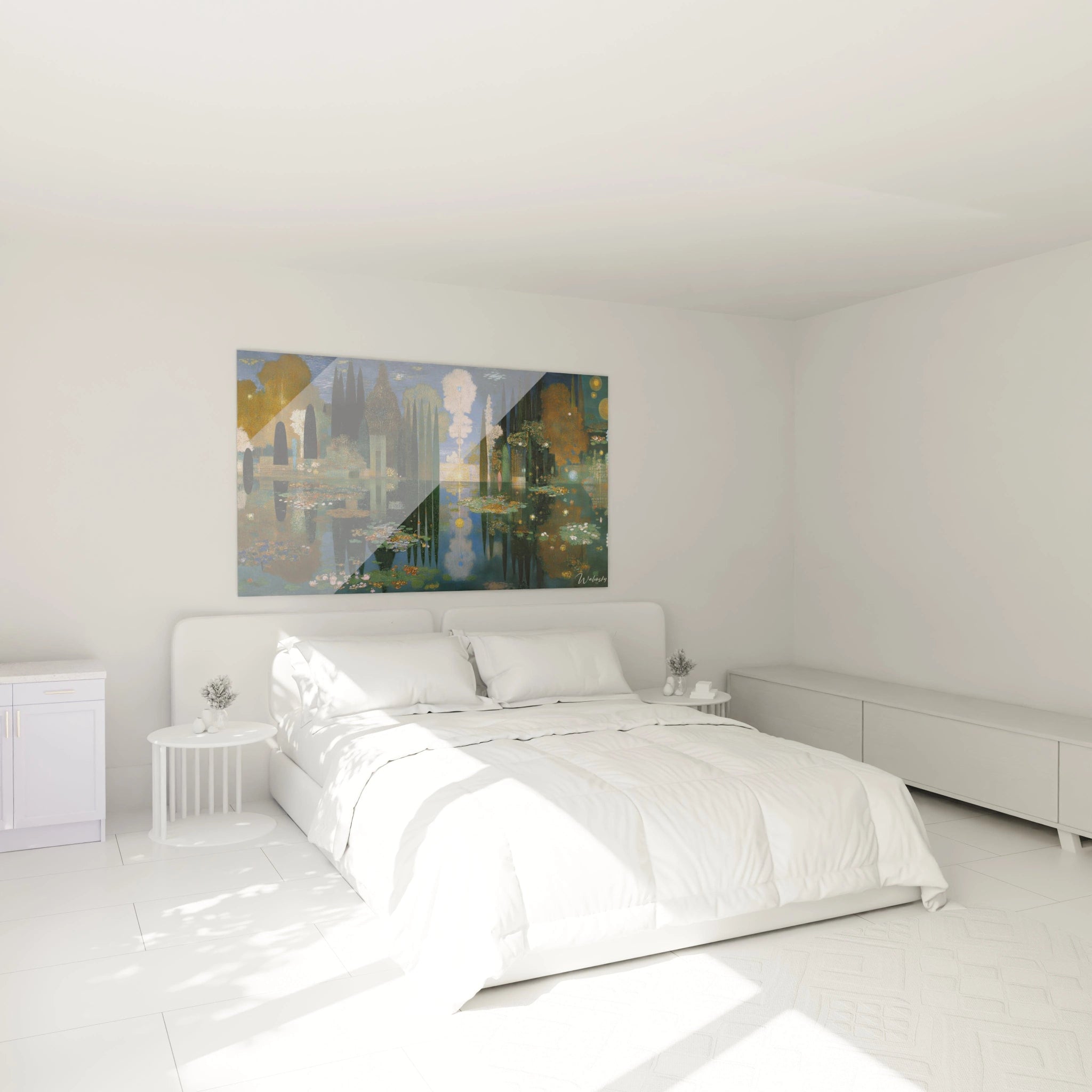 tableau paysage eaux symboliste Walensky accroché au dessus d un lit blanc dans chambre lumineuse minimaliste