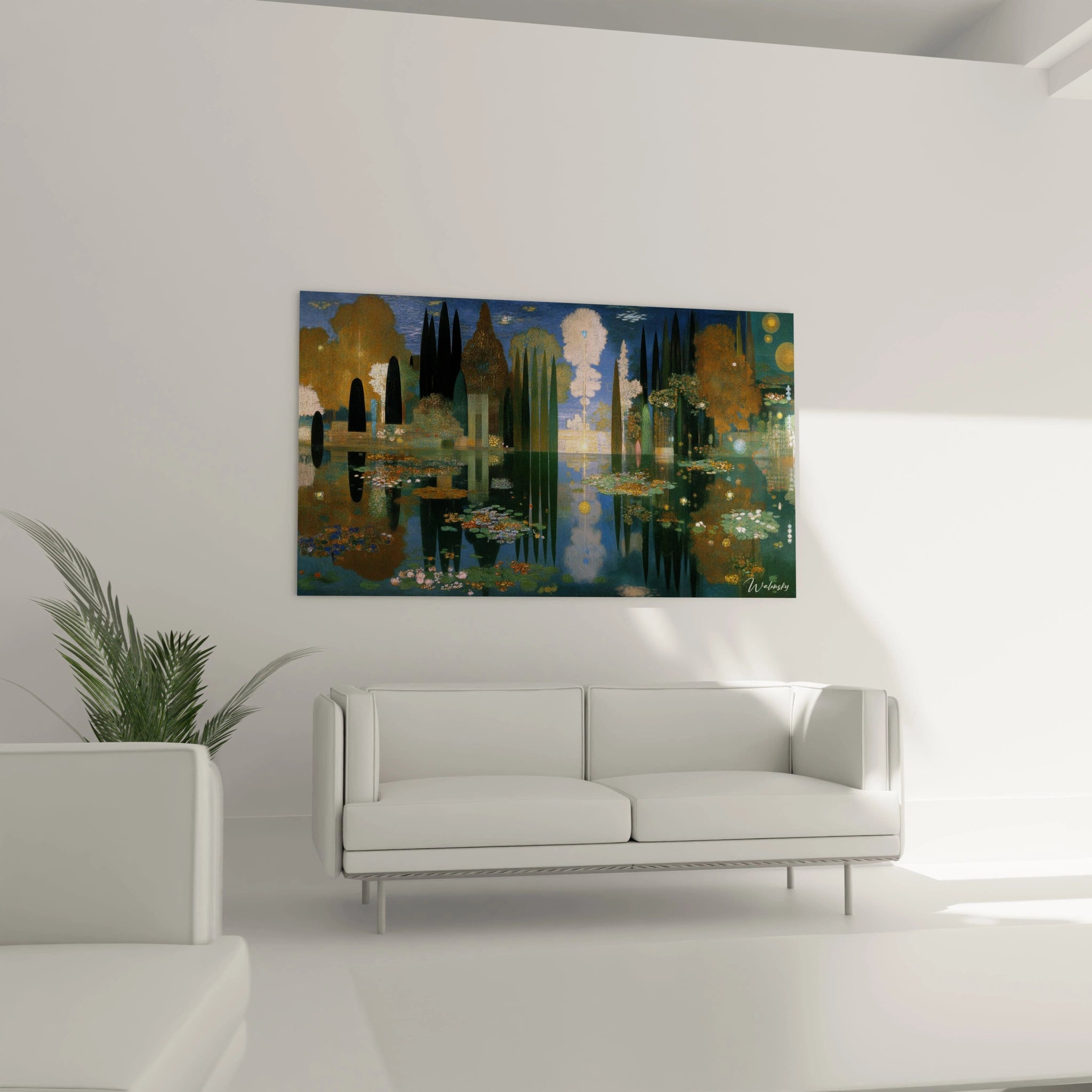 Tableau mural Walensky représentant un tableau paysage eaux symboliste avec reflets dorés cyprès et nénuphars