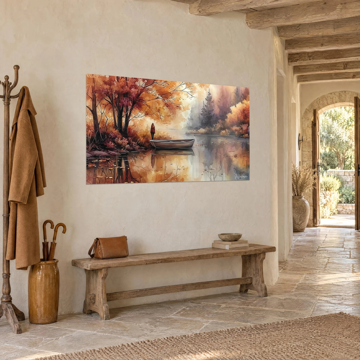 Wall art misty autumn lake, orange and purple foliage, figure in a red jacket beside a boat, stone wall