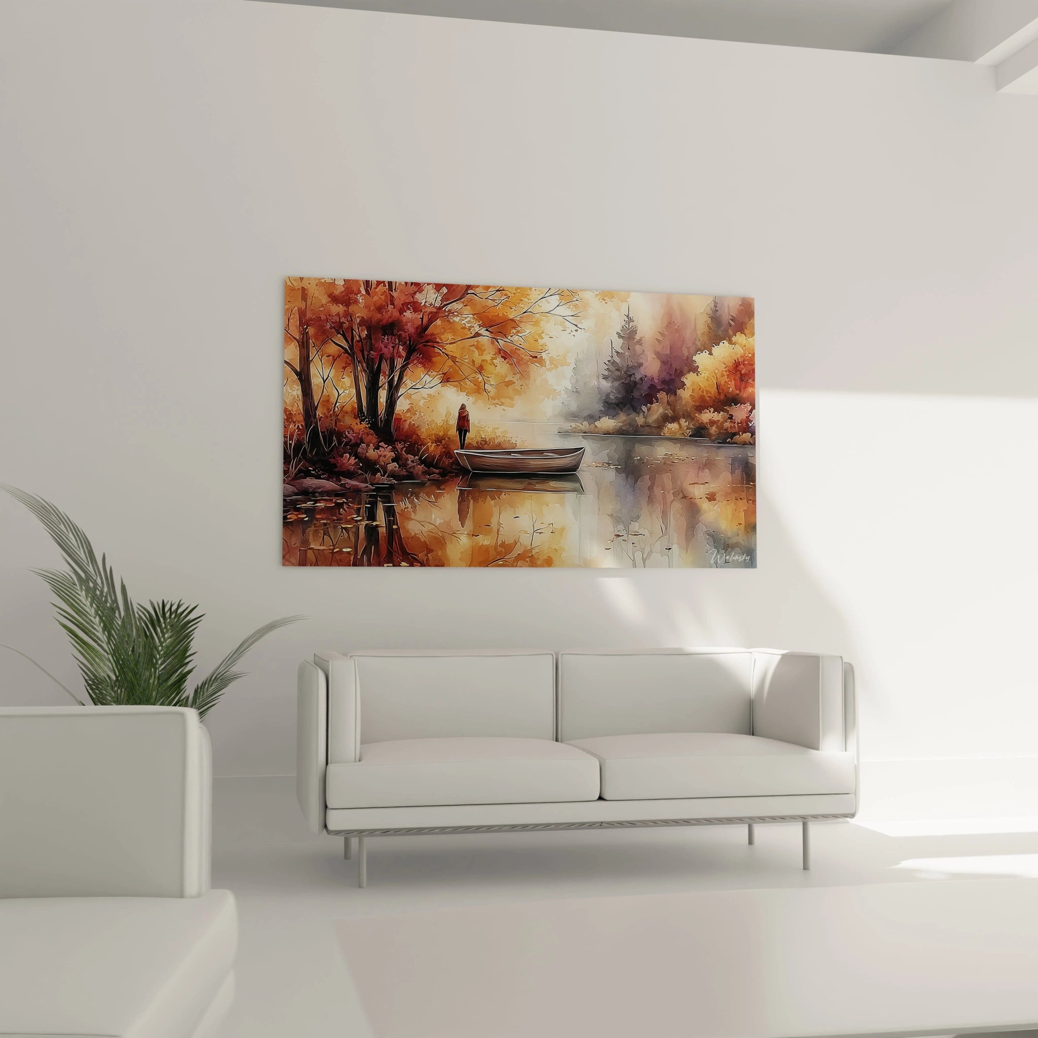 Walensky tableau paysage automne mural suspendu au mur au dessus d un canape blanc montrant barque et reflets d arbres orange
