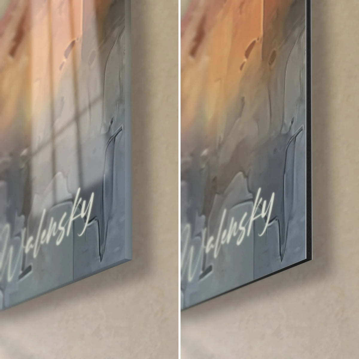Wall art woman walking by an autumn pond, bottom right corner: glossy glass and 3 mm black edge on matte grey Dibond