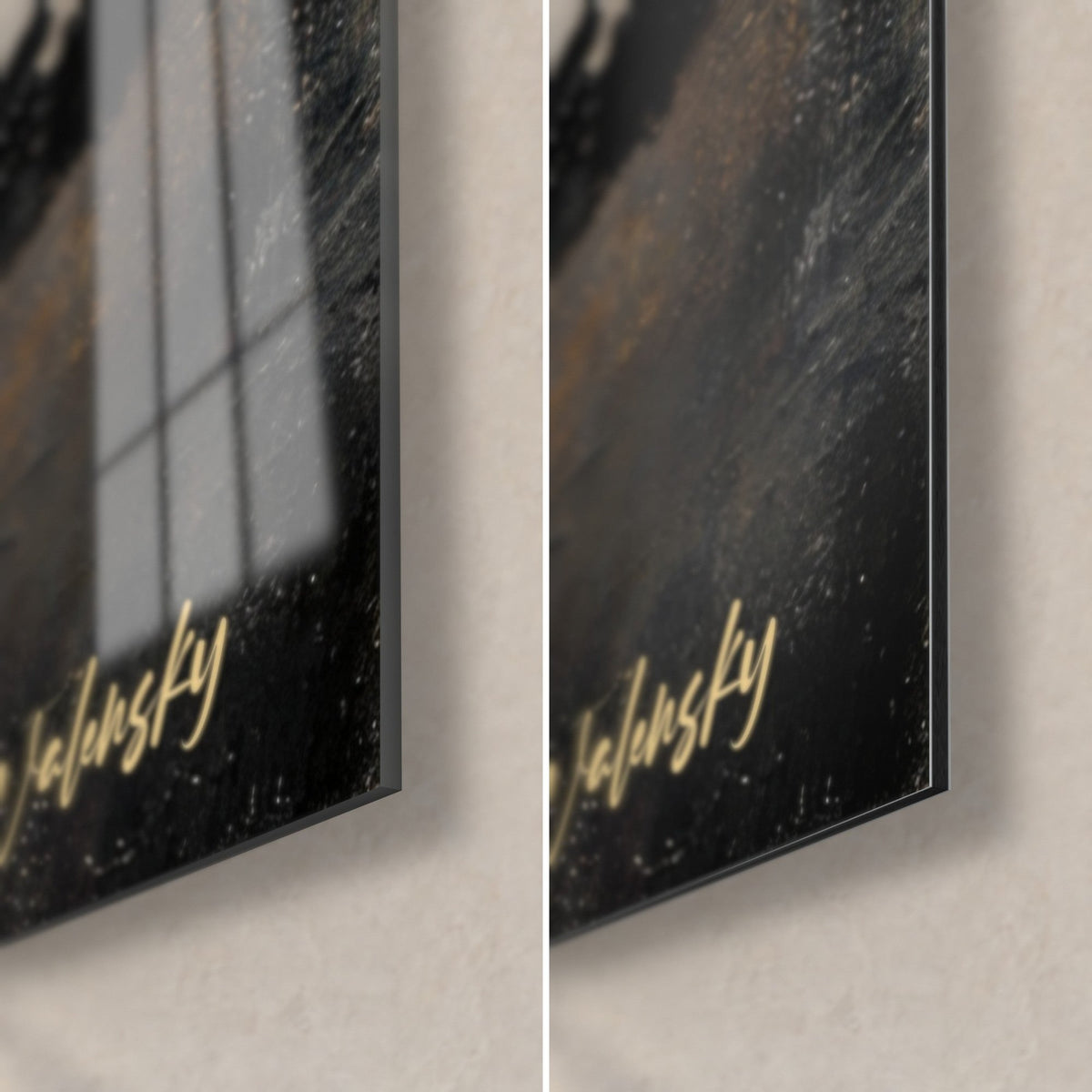 Gemälde mit schwarzen Hügeln und goldenen Rändern, untere rechte Ecke: glänzendes Acrylglas links, matter Dibond rechts, 3 mm Kantenstärke