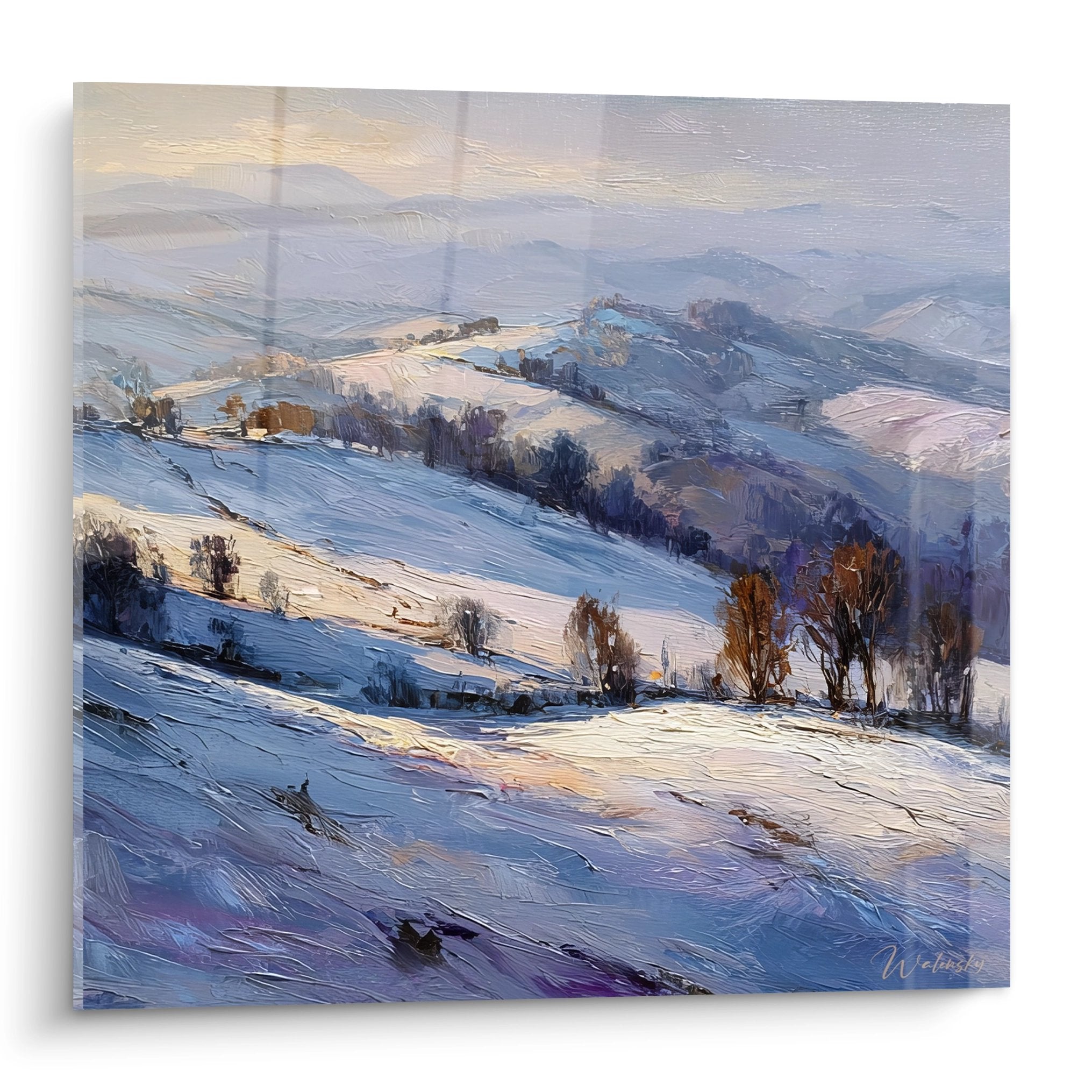 Tableau mural paysage enneigé aux tons dorés, collines hivernales sous lumière chaude, art décoratif hiver