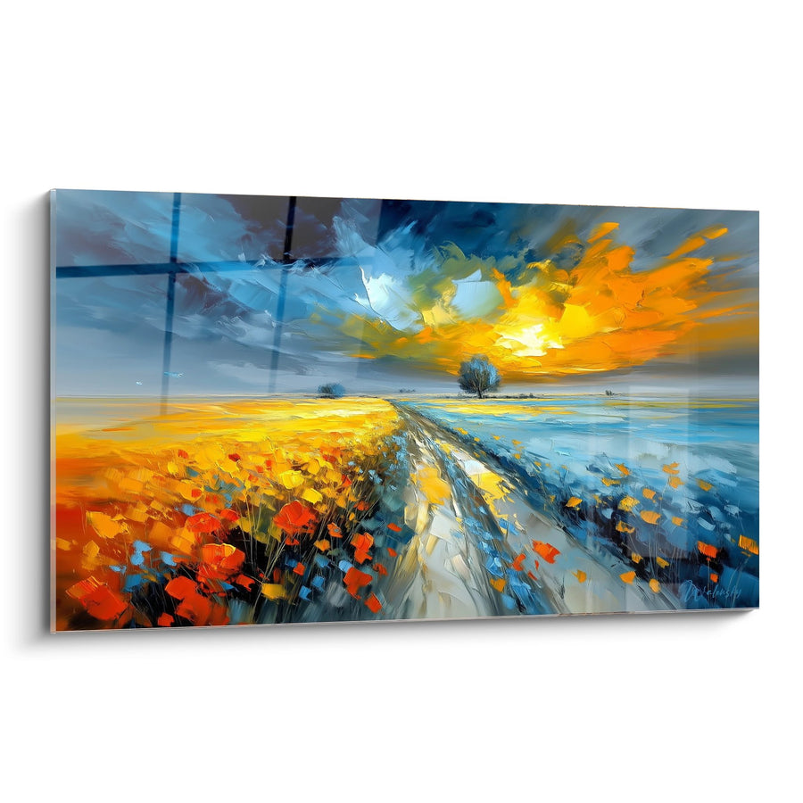 Tableau Paysage Expressionniste aux Teintes Orange et Bleues avec Chemin Rural - Éclat Champêtre - Edition Coquelicot