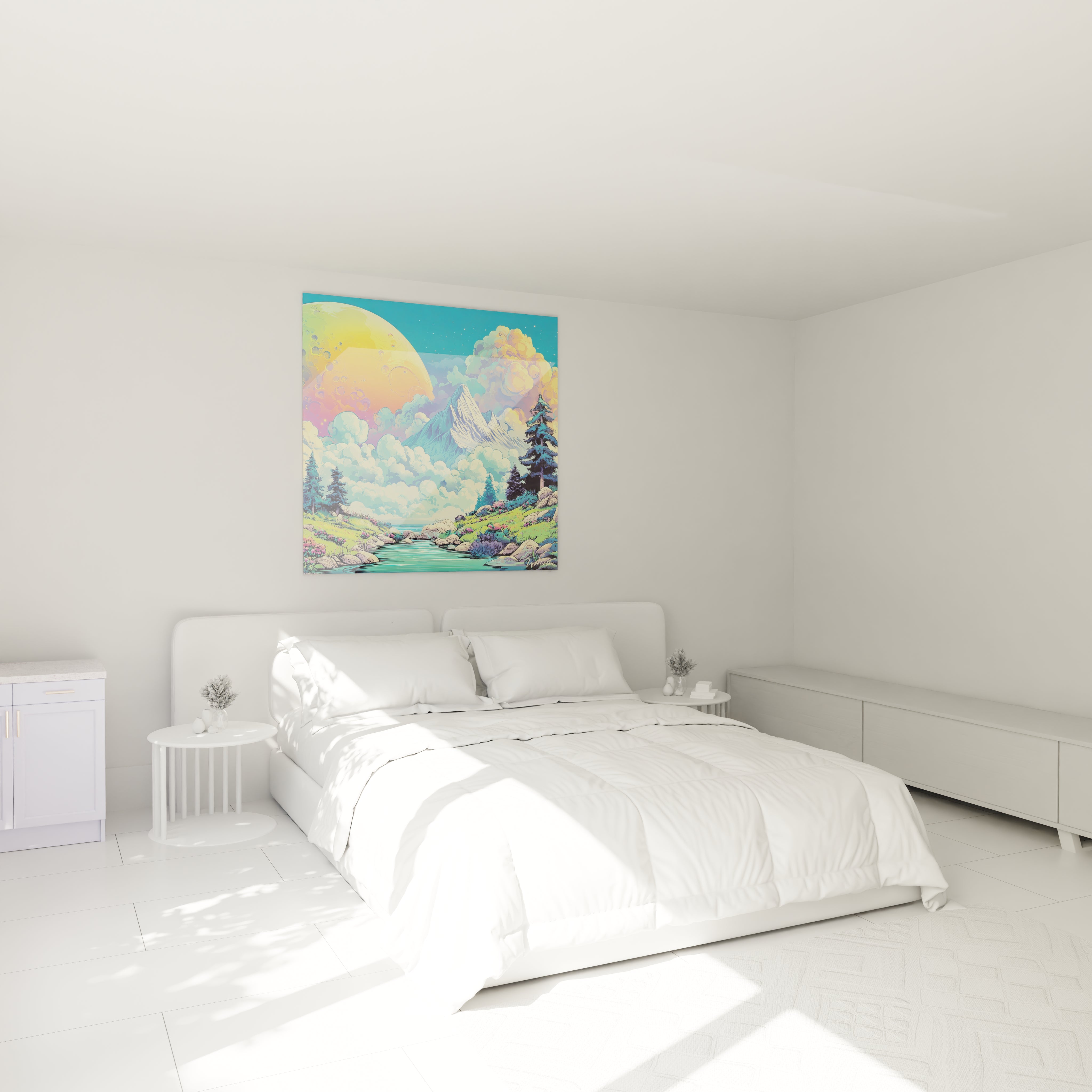 Ambiance chambre avec tableau paysage fantastique coloré bande dessinée au mur