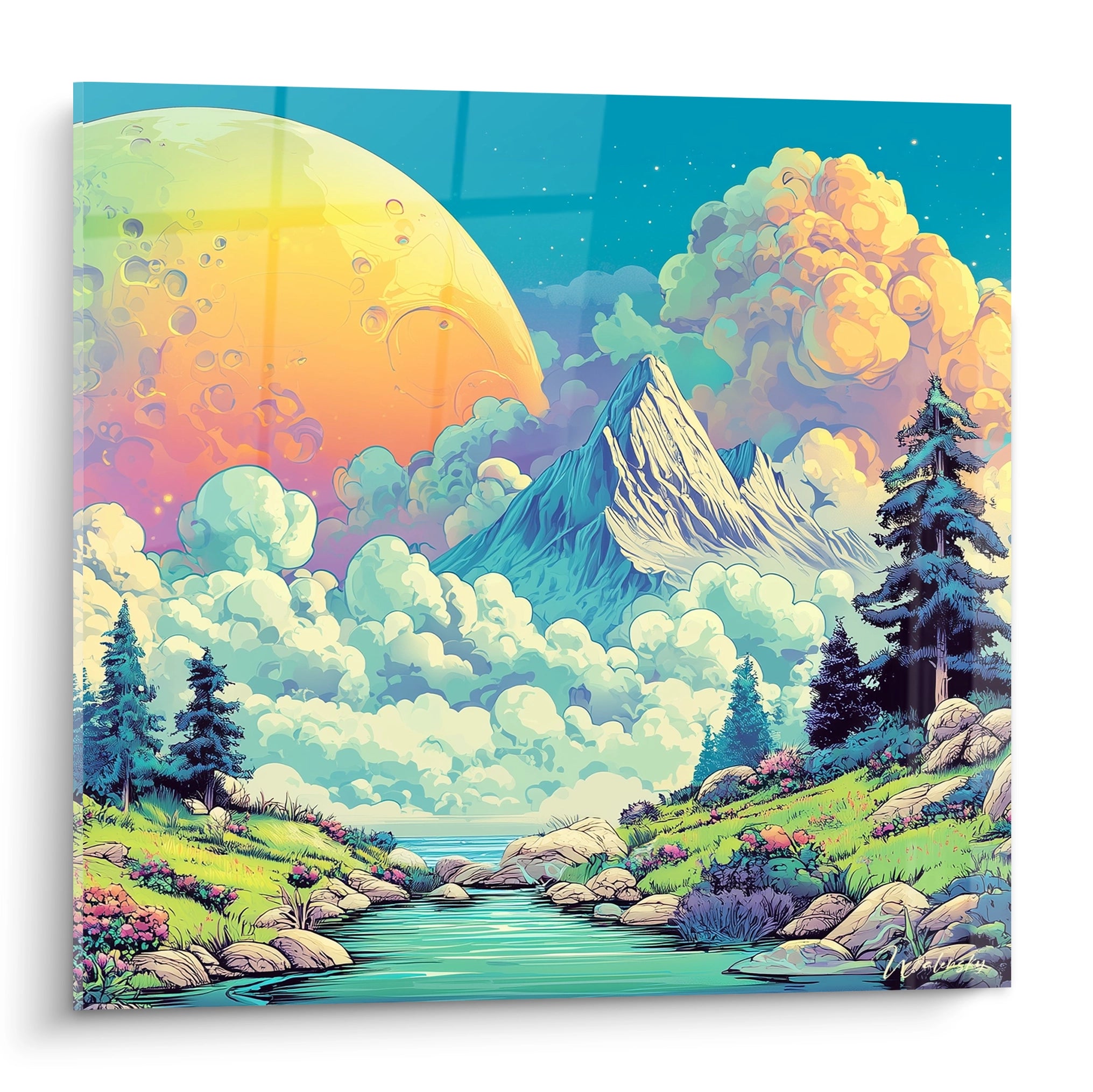Tableau mural paysage fantastique coloré avec planète multicolore, montagnes et rivière style bande dessinée