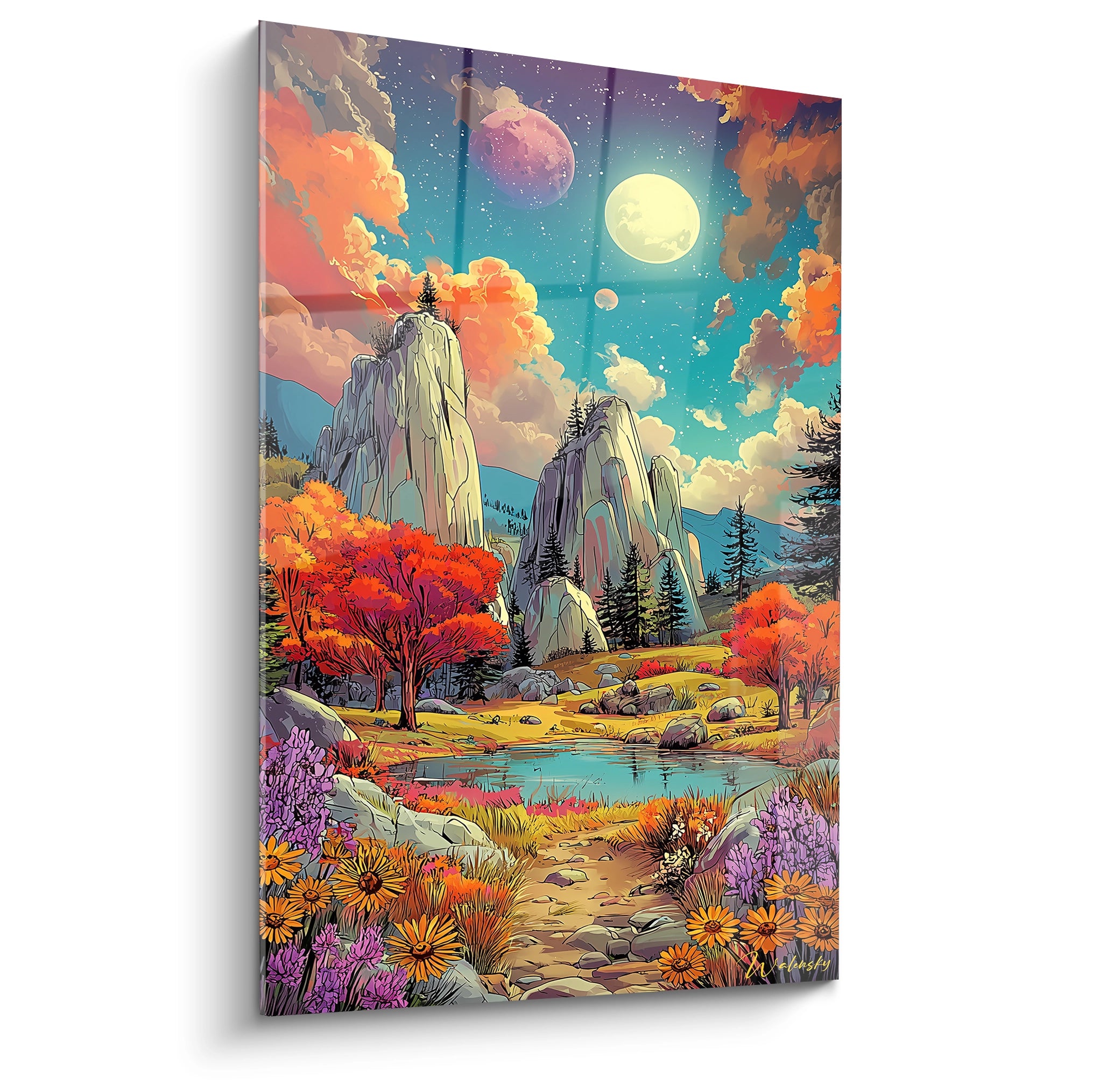 Tableau mural paysage fantastique deux lunes style bande dessinée avec montagnes et végétation colorée